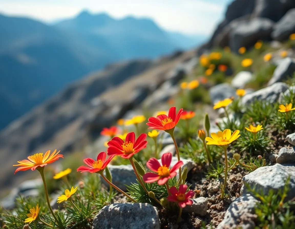 This stunning macro image captures the vibrant wildflowers flourishing on a rugged mountain slope. The soft diffused daylight enhances the vivid colors of the flowers, creating an inviting contrast against the rocky terrain. The carefully composed scene invites viewers to appreciate the intricate details of nature's beauty as the flowers draw attention to the expansive mountains in the background. The rich textures of both petals and rocks showcase the resilience and splendor of life in high altitudes.