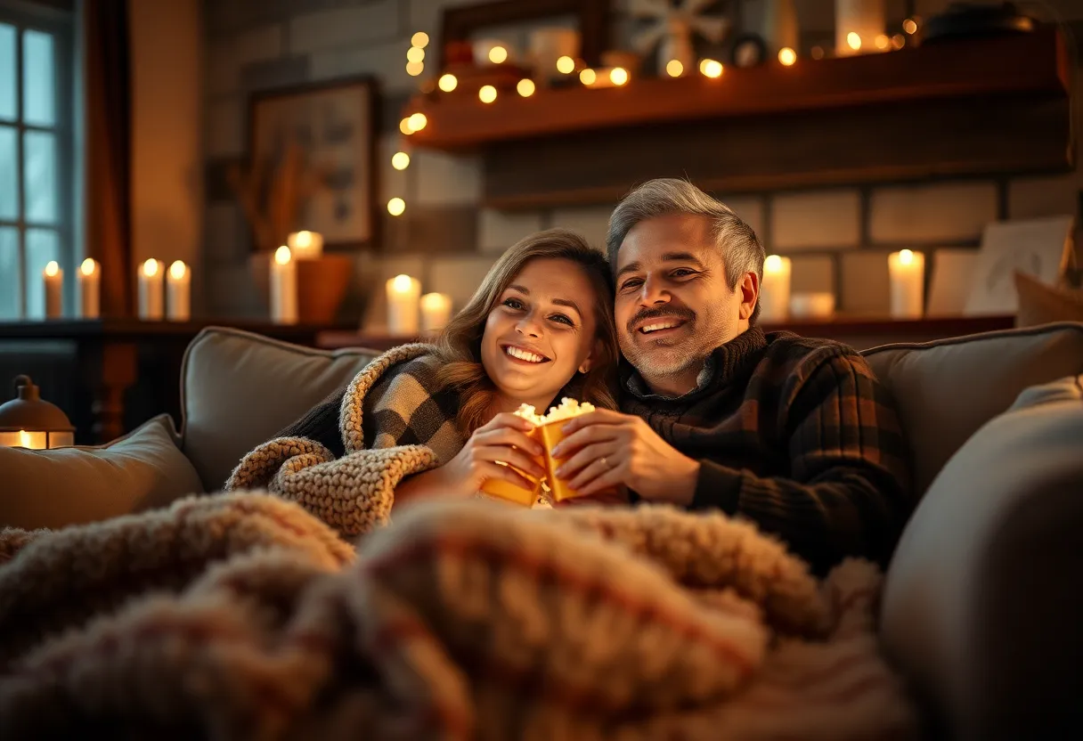 A heartwarming scene of a couple snuggled together on a couch, enjoying a cozy movie night. Soft candlelight illuminates the warm room, creating an inviting and romantic atmosphere. With joyful expressions and a backdrop of rustic decor adorned with fairy lights, the image captures the essence of intimate connections. Muted earth tones complement the soft fabrics, enhancing the cozy feel of this cinematic experience. This composition beautifully encapsulates the warmth and joy of enjoying movies with loved ones.