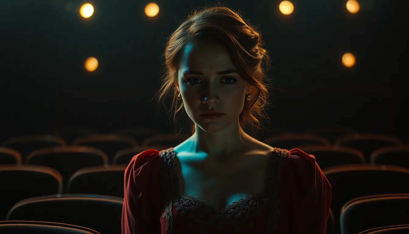 This striking image portrays a distressed woman wearing a vintage red dress, positioned in a dark theater setting. The chiaroscuro lighting creates a moody atmosphere, emphasizing her emotional turmoil. The teal and orange color grading adds a cinematic touch, drawing attention to her expressive face. With a shallow depth of field, the dark background beautifully melts away, allowing the viewer to focus on her sorrowful pose. The composition balances her figure with the surrounding shadows, enhancing the dramatic effect.