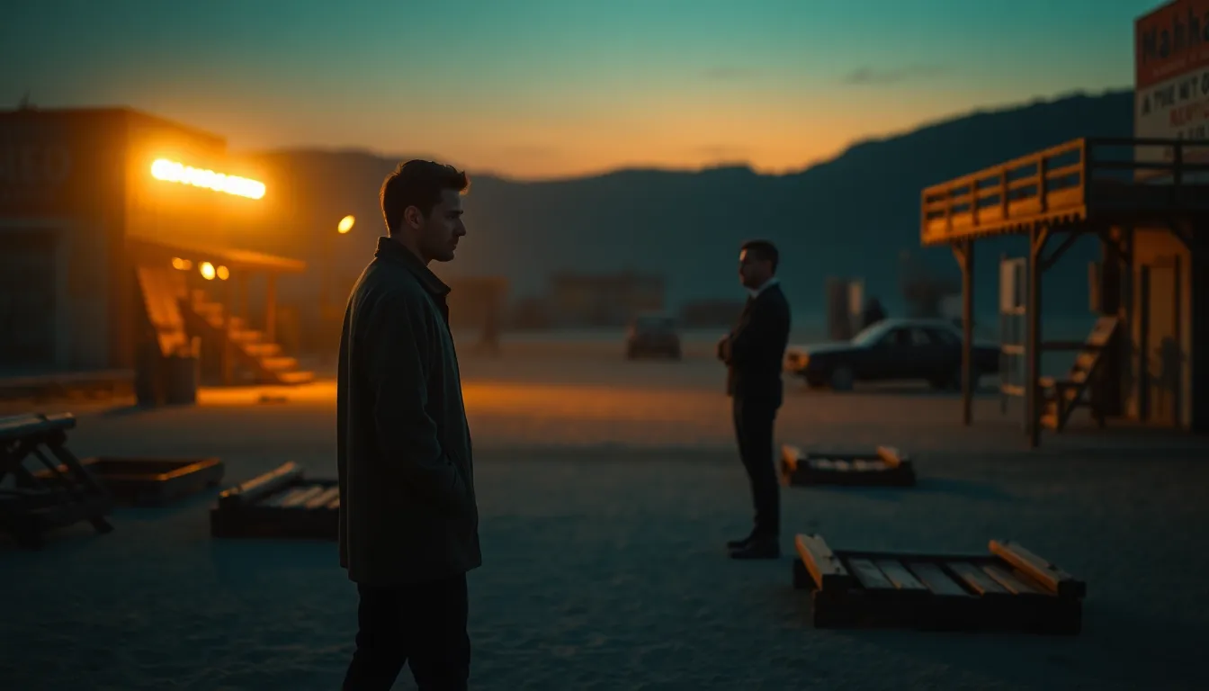 A striking image of a lone figure on a deserted movie set at twilight, thoughtfully gazing into the distance. The warm glow of practical lights contrasts beautifully with the twilight sky, creating a cinematic atmosphere. The figure's expression and the surrounding weathered props evoke a sense of nostalgia and contemplation, perfectly captured in rich teal and orange tones. The composition emphasizes a moment frozen in time, inviting the viewer to explore the emotions behind the scene.