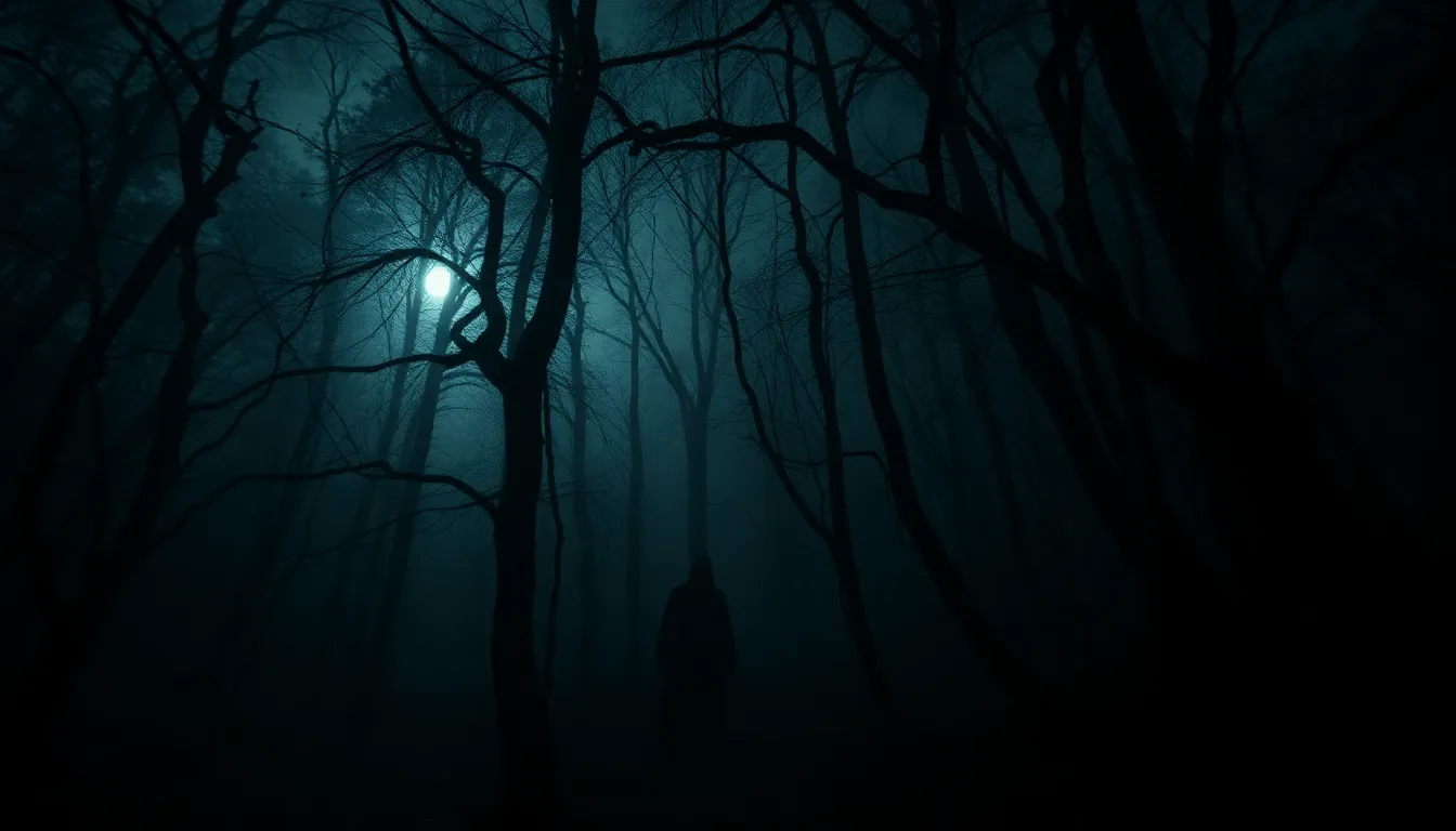 Haunting Still from a Horror Movie in Dark Forest