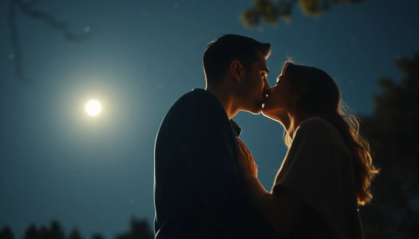 This enchanting image captures a romantic moment between a couple sharing a kiss, set against a mesmerizing starry sky. The soft moonlight bathes them in a gentle glow, enhancing the intimacy of their connection. With a dreamy color palette of soft blues and pinks, the scene radiates love and warmth. The shallow depth of field beautifully blurs the surrounding stars into a bokeh, while the thoughtful composition draws the viewer's eye to the couple, creating a mesmerizing focal point in this enchanting setting.