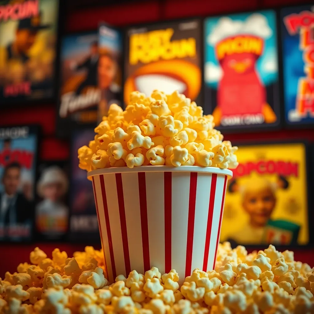 An enticing close-up image of an overflowing popcorn bucket, perfect for showcasing the excitement of movie night. Soft overhead lighting highlights the fluffy kernels, while the warm color palette of yellows and browns creates a nostalgic vibe. Set against a blurred background of colorful movie posters, the composition draws the viewer's eye to the popcorn, inviting them to indulge in this classic cinematic snack. This image perfectly embodies the spirit of entertainment and the joy of going to the movies.