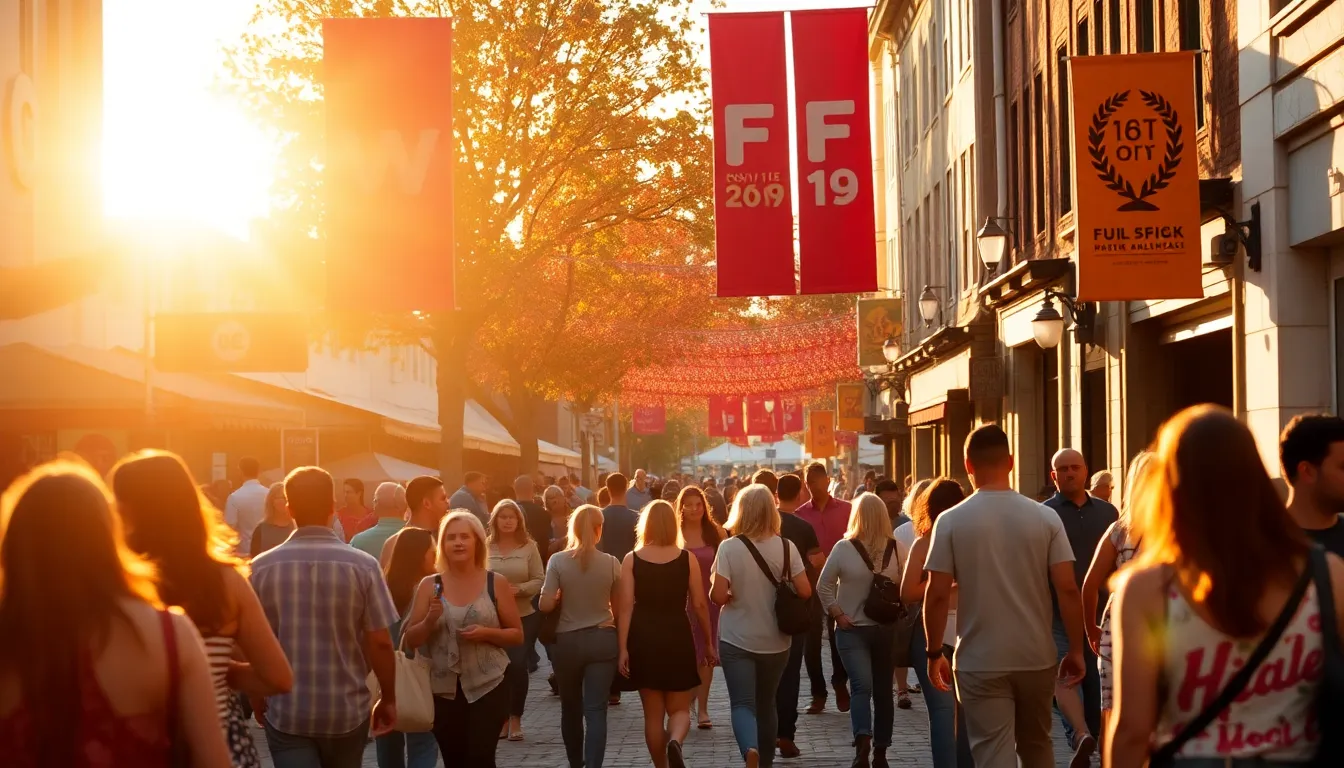 This vibrant image captures a bustling street scene during a film festival, bathed in the warm glow of the golden hour. Festival banners create leading lines that draw the eye into the lively crowd, celebrating the cinematic arts. Autumn hues dominate the color palette, enhancing the joyous atmosphere. The sharpness from foreground to background allows viewers to appreciate the cobblestone texture, while the excitement of the festival radiates from each participant. This scene embodies the spirit of community and entertainment.