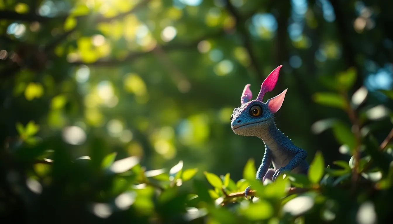 Experience the magic of fantasy through this vibrant image featuring a mythical creature amidst a lush forest. Dappled sunlight filters through the leaves, accentuating the creature's detailed features in a rich color palette of saturated greens and purples. With a shallow depth of field, the background fades beautifully, creating an enchanting atmosphere. The composition centers the creature within a natural frame of foliage, inviting viewers to immerse themselves in this whimsical world of imagination.