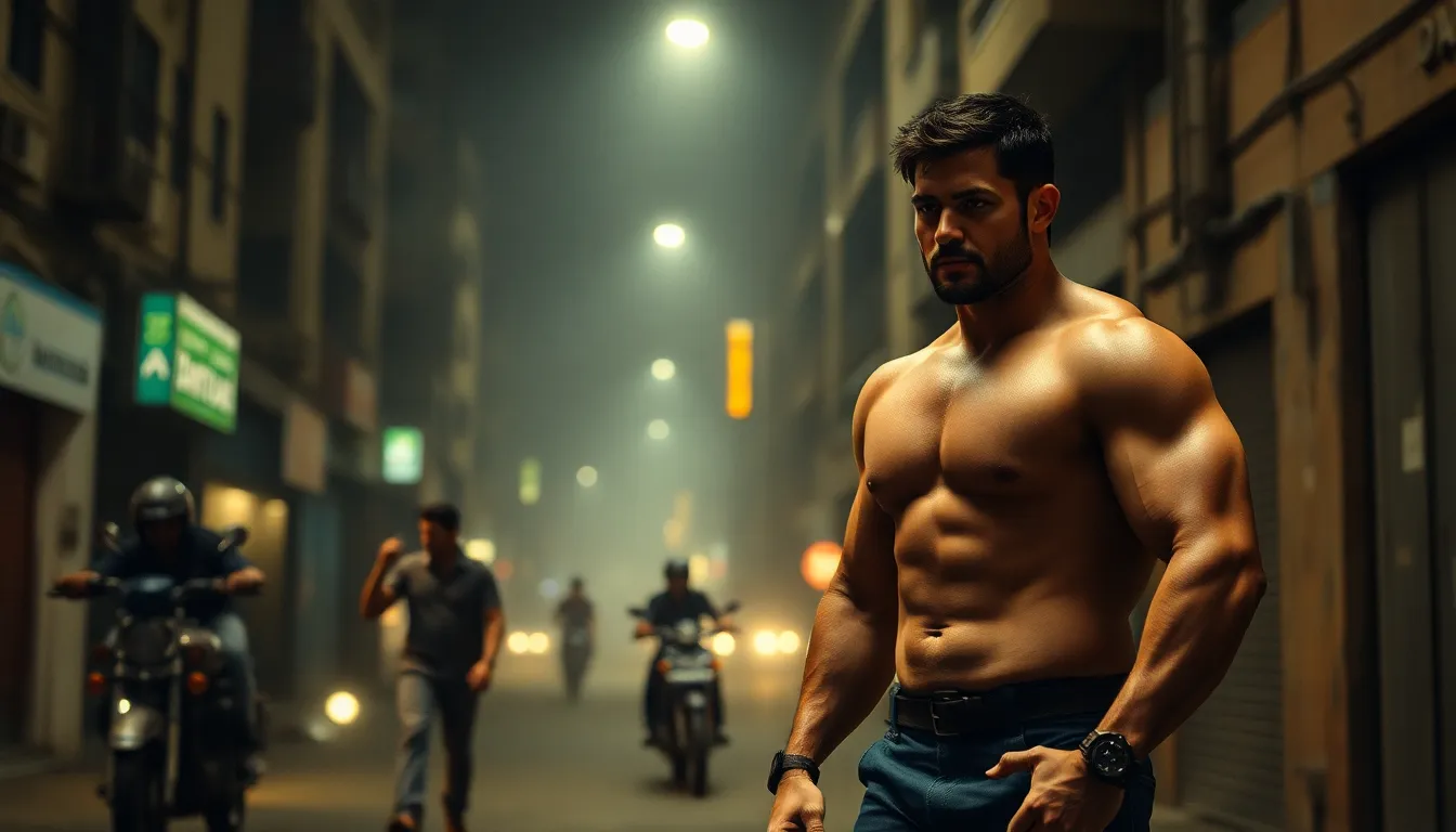 This powerful image captures an intense action movie hero standing boldly amidst an urban scene filled with chaos. Harsh overhead lighting highlights the hero's muscle definition while casting deep shadows for dramatic effect. The muted earth tones contribute to the gritty realism of the environment. With a hyperfocal depth of field, clarity prevails throughout the bustling background, while dynamic lines lead the eye toward the hero, emphasizing his strength and determination. This scene is a thrilling representation of cinematic action.