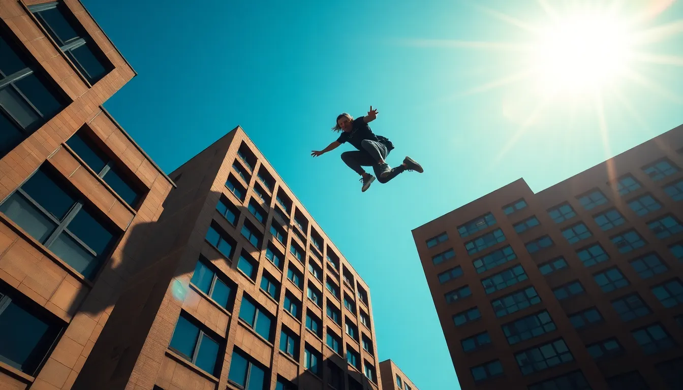 A thrilling image showcasing a stunt performer in mid-air, expertly leaping between buildings in a bustling urban environment. The action is set against a clear blue sky, with harsh sunlight casting dramatic shadows that emphasize the intensity of the moment. The vibrant color palette contrasts deep blues with warm building tones, enhancing the cinematic feel. Leading lines of the architecture guide the viewer's eye directly to the performer, capturing the adrenaline and excitement of the scene.