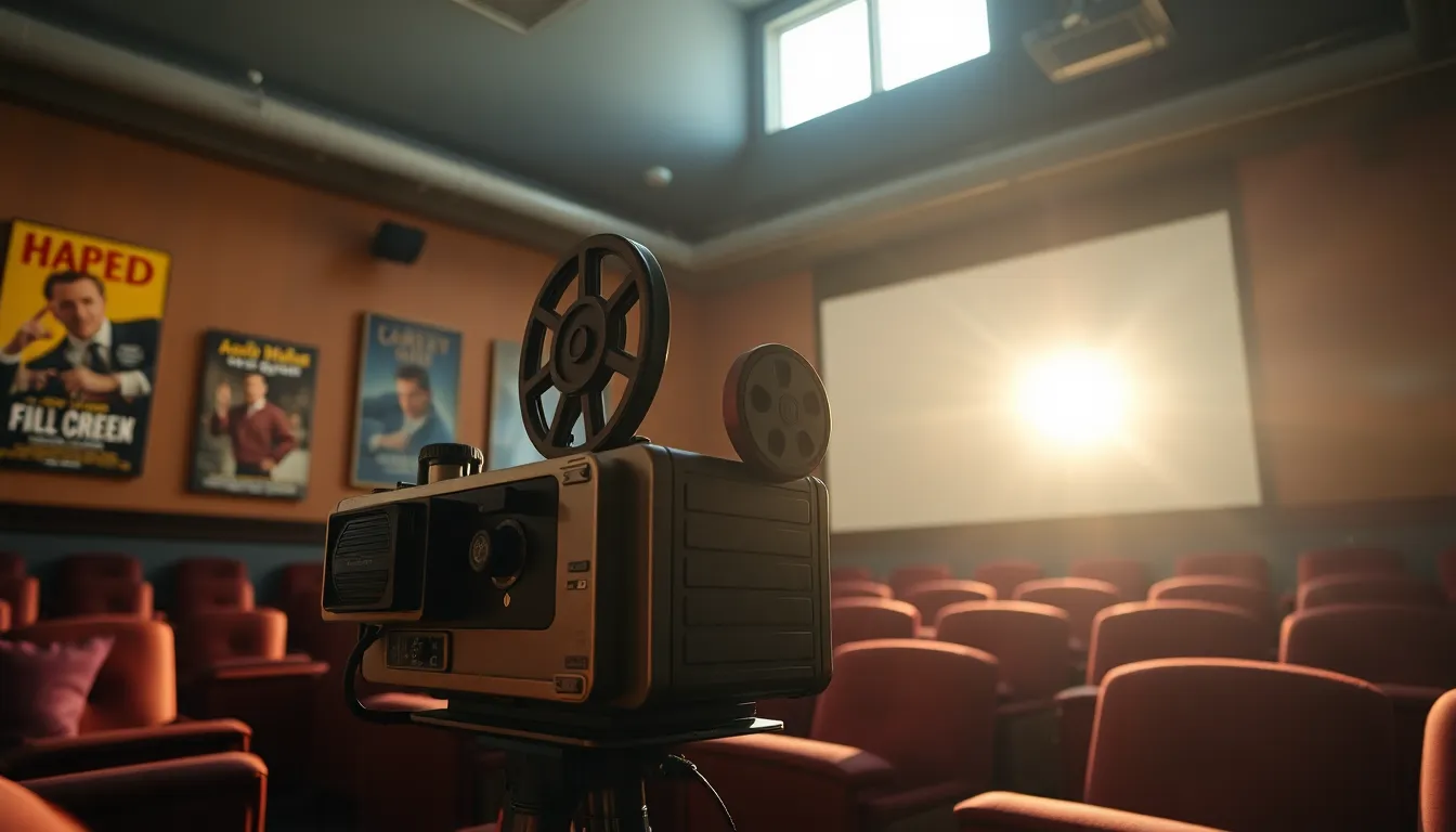 Vintage Film Screening Room An inviting scene of a vintage film screening room, featuring an old film projector as the focal point. Bathed in soft natural light from the large window, the muted earth tones create a nostalgic atmosphere. Plush velvet seating and framed movie posters contribute to the cozy and intimate feeling of the space. The careful composition draws the viewer's eye through the room, evoking memories of classic cinema.