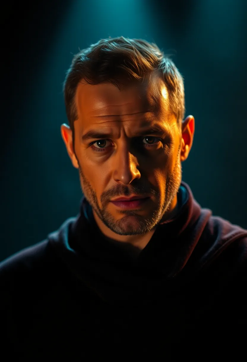 This striking portrait captures a movie actor in mid-performance, with intense facial expression and spotlighting that emphasizes their features. The soft velvet costume contrasts against the dark background, while cinematic teal and orange color grading adds dramatic flair. The actor's eyes draw viewers in, creating an emotional connection. This composition expertly uses the rule of thirds to enhance the visual impact.
