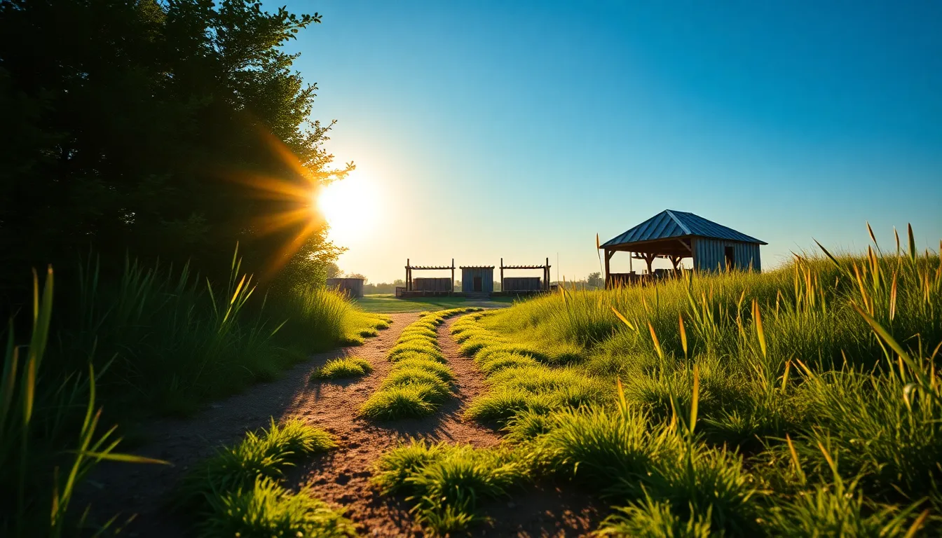 A vibrant cinematic outdoor movie set illuminated by warm golden hour light, creating a magical atmosphere. The hyperfocal distance captures the richness of the landscape, with a focus extending from the foreground path to the film set in the background. Saturated colors reminiscent of Fujifilm Velvia bring life to the scene, enhancing the mood. The composition effectively uses leading lines to guide the viewer's gaze through the natural elements.