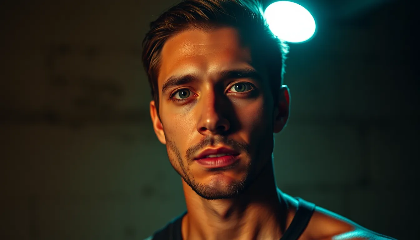 This image captures an intense close-up of an actor performing a dramatic scene. The chiaroscuro lighting emphasizes their facial expressions, creating a palpable tension. The teal and orange color grading adds a cinematic feel, while the textured concrete wall in the background grounds the shot in a gritty, urban environment. The shallow depth of field draws attention to the actor's natural skin texture and emotional vulnerability, making this image perfect for film and entertainment-related content.