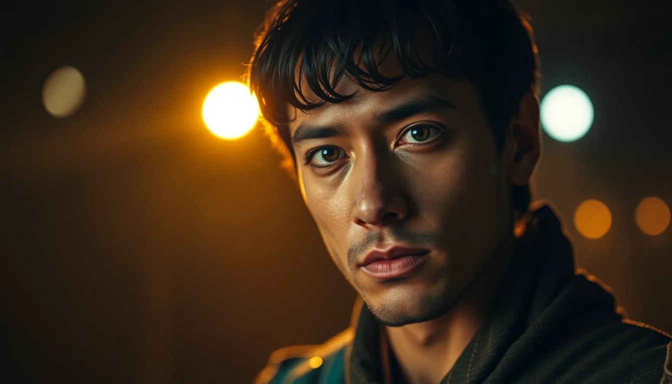 This image captures a dramatic moment from a film scene, featuring an actor in a vintage costume, illuminated by a dramatic spotlight. The background fades to a gentle blur, emphasizing the actor’s expressive face and detailed costume fabric. The color grading enhances the cinematic feel, creating a moody atmosphere that's perfect for storytelling. The careful composition accentuates the intensity of the performance, inviting viewers to immerse themselves in the narrative.