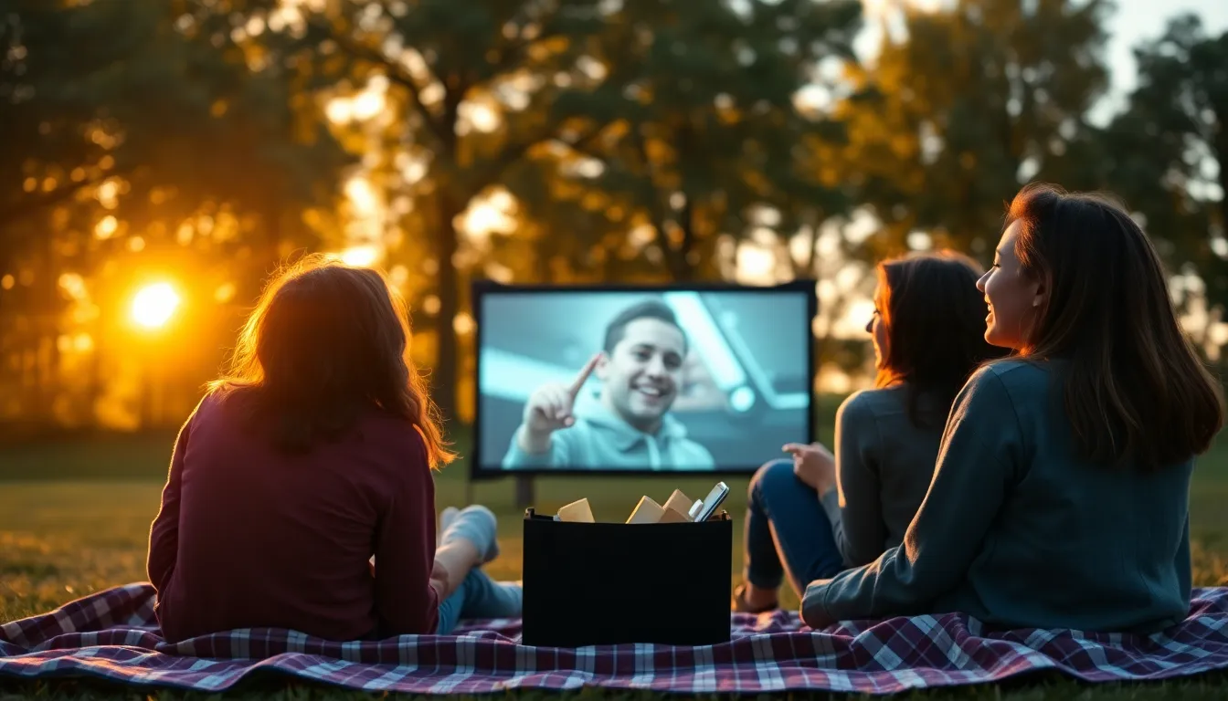 Outdoor Movie Night with Friends This lively outdoor scene captures a group of friends enjoying a movie night under the warm glow of the setting sun. The warm backlighting creates a cozy, inviting atmosphere, enhancing the joyful expressions on their faces. The portable screen glows softly in the center, framed by lush trees in the background. Textured elements like the picnic blanket add depth to this delightful moment of camaraderie.