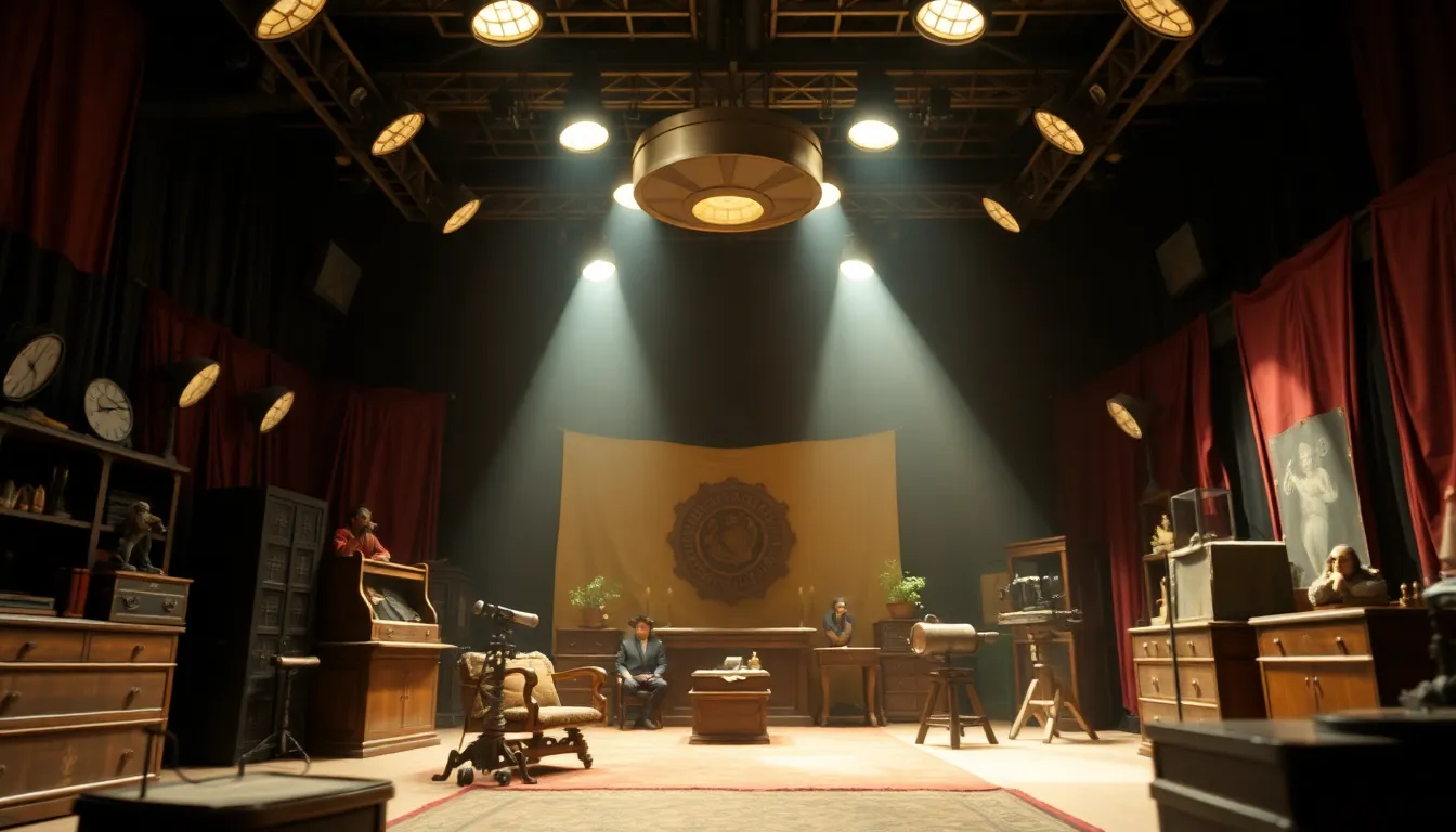 This striking image highlights the complex design of a movie set, featuring a wealth of textures and vibrant colors. Captured with a macro lens, the focus on detailed props immerses viewers in the artistry behind filmmaking. The dramatic shadows and rich colors enhance the theatrical ambiance, making this image a captivating representation of set design. The composition guides the viewer's eye through the elements of the scene, revealing the intricacies of production.