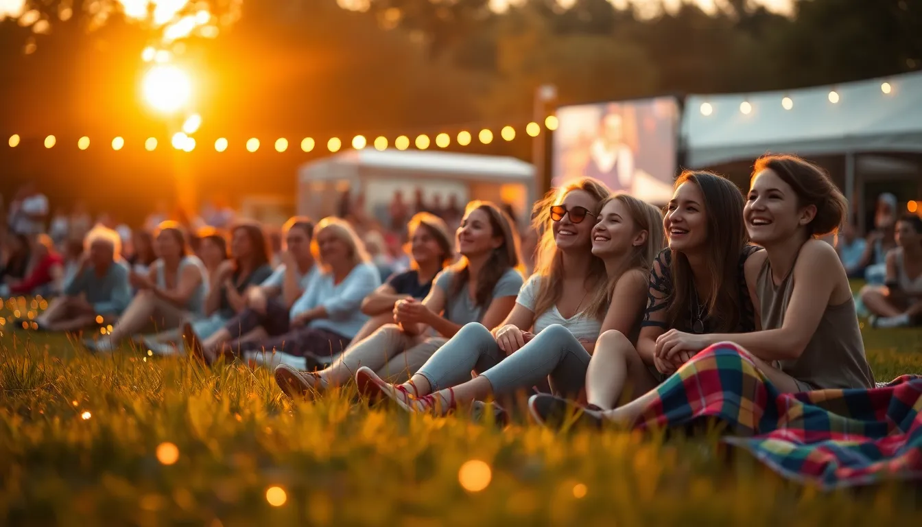 This enchanting image captures an outdoor film festival during golden hour, with festival-goers relaxed on colorful blankets amidst soft grass. Warm backlighting creates a magical ambiance, highlighting happy faces and the glow of fairy lights. The rich warm tones enhance the joy of the moment, making the scene both inviting and vibrant. A perfect representation of community and the love for cinema amidst nature.