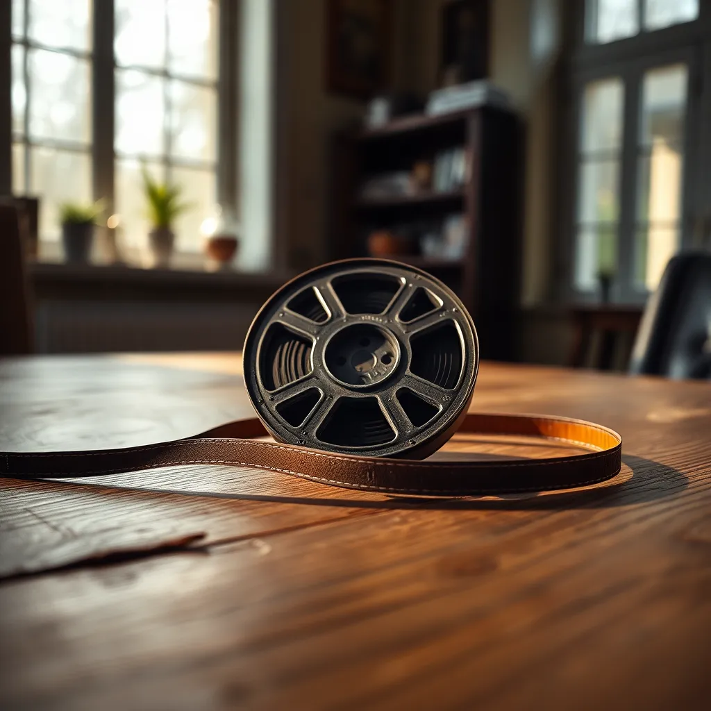 Vintage Film Reel on Oak Table This detailed close-up captures a vintage film reel resting on a weathered oak table, illuminated by the gentle morning light filtering through nearby windows. The hyperfocal distance beautifully highlights the reel's intricate details while the background remains softly blurred. The warm color palette, composed of muted browns and soft golden highlights, evokes nostalgia. Leading lines from the table's grain draw the viewer's attention, enhancing the richness of this cinematic artifact.