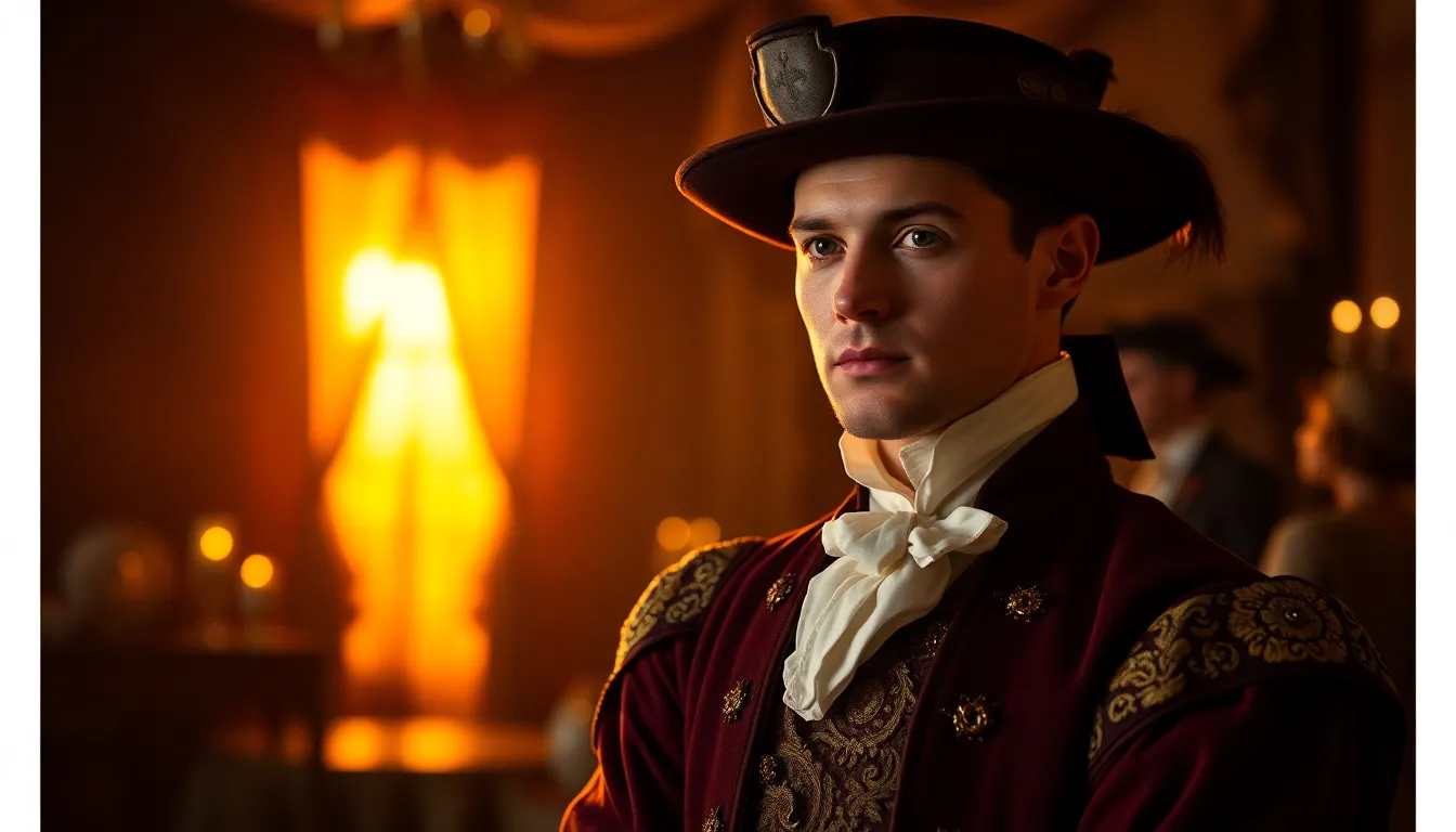 This visually stunning image features a lead actor in a beautifully detailed period costume, bathed in the warm glow of golden hour backlighting. The shallow depth of field isolates the subject against a softly blurred set, while saturated colors enhance the vibrancy of the costumes and props. A rule of thirds composition places the actor at a dynamic point, creating visual interest. The rich textures of the materials deepen the historical authenticity of the scene, perfect for promotional materials in film and entertainment.