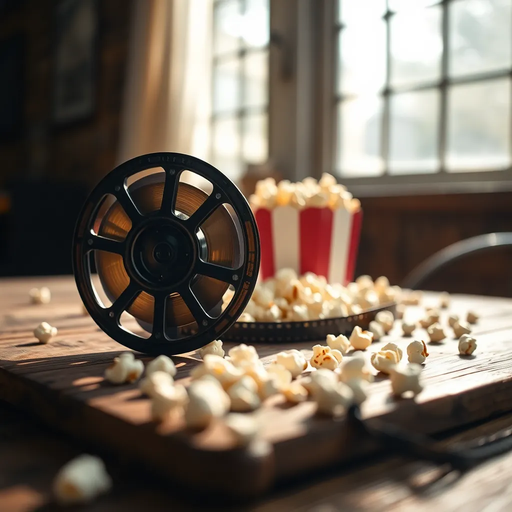 This close-up image portrays a vintage film reel alongside a bowl of popcorn, set on a rustic wooden table. Natural sunlight filters through a nearby window, casting warm highlights that evoke nostalgia. The intricate details of the film reel are sharply focused, while the soft background bokeh enhances the cozy atmosphere. The overall composition is centered, drawing attention to the richness of textures in both the wood and the objects.
