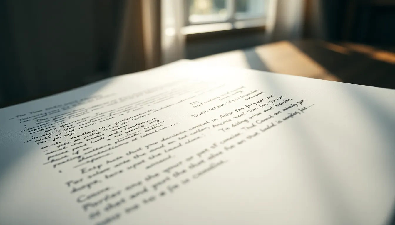 Close-Up of Handwritten Film Script This intimate close-up image captures the artistry of screenwriting, focusing on a film script filled with handwritten notes and annotations. Natural light streaming through a window creates soft highlights that enhance the texture of the crisp white paper, while a shallow depth of field draws attention to the ink details. A muted color palette emphasizes the craftsmanship involved in creating screenplays. The off-center composition invites the viewer to appreciate the intricacies of storytelling in film.