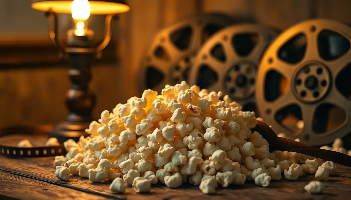 This inviting image captures the essence of a cozy movie night setup featuring freshly popped popcorn next to vintage film reels. Warm tungsten light from a vintage lamp casts a soft glow, creating a nostalgic atmosphere. The hyperfocal distance ensures all elements from the popcorn to the film reels are in sharp focus, enhancing the intricate textures. The composition is thoughtfully arranged on a rustic wooden table, evoking a sense of warmth and comfort for movie lovers.