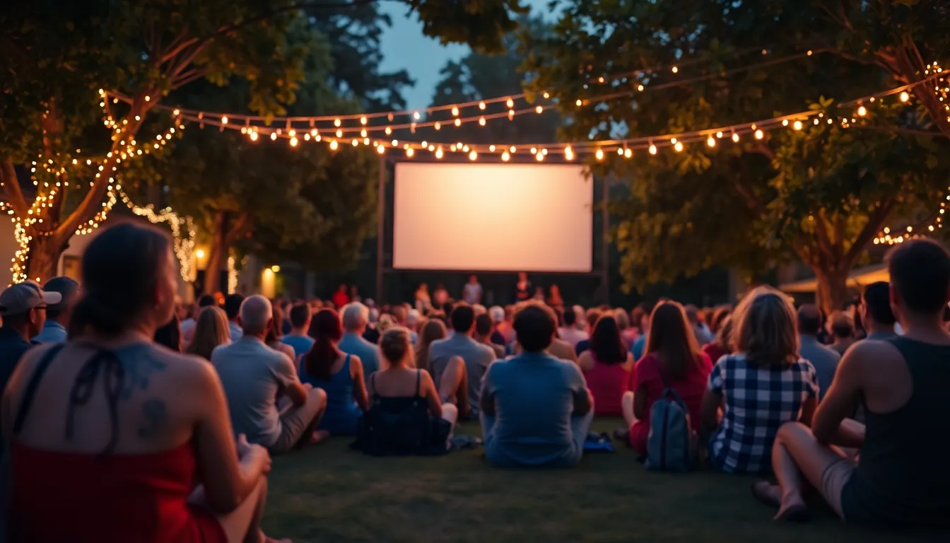 This enchanting image captures the essence of a summer night spent watching movies outdoors. The scene is bathed in the warm glow of fairy lights, casting a cozy atmosphere over the audience. With sharp focus on both the viewers and the film screen, the nostalgic colors and textures create a memorable experience. This setting resonates with the joy of communal cinema, perfect for capturing the magic of summer evenings.