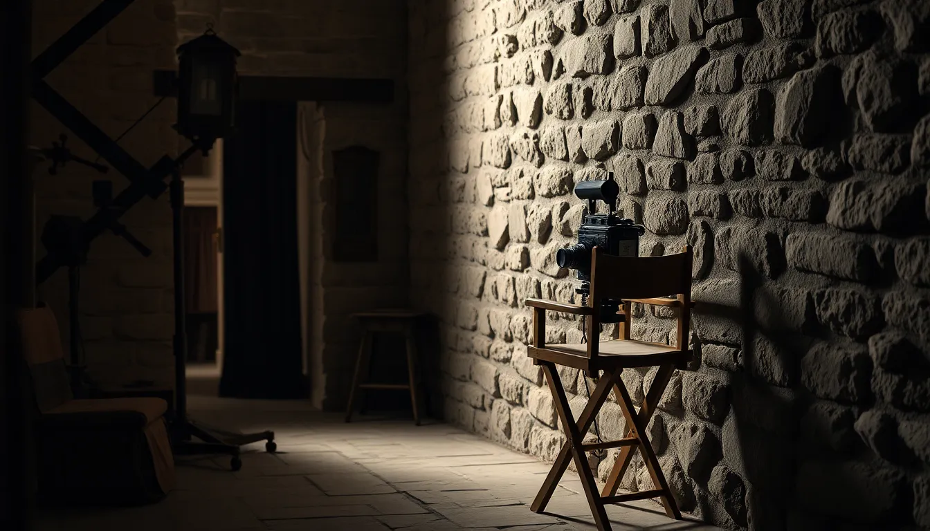 Historical Film Set with Vintage Props This photorealistic image reveals a meticulously crafted film set for a historical drama. Soft Rembrandt lighting illuminates the weathered stone walls, casting delicate shadows that enhance the scene's depth. Focused on a vintage camera and director's chair, the shallow depth of field draws the eye while the muted color palette reinforces the authentic atmosphere. The rule of thirds composition balances elements against the textured stone, inviting viewers into the art of filmmaking.