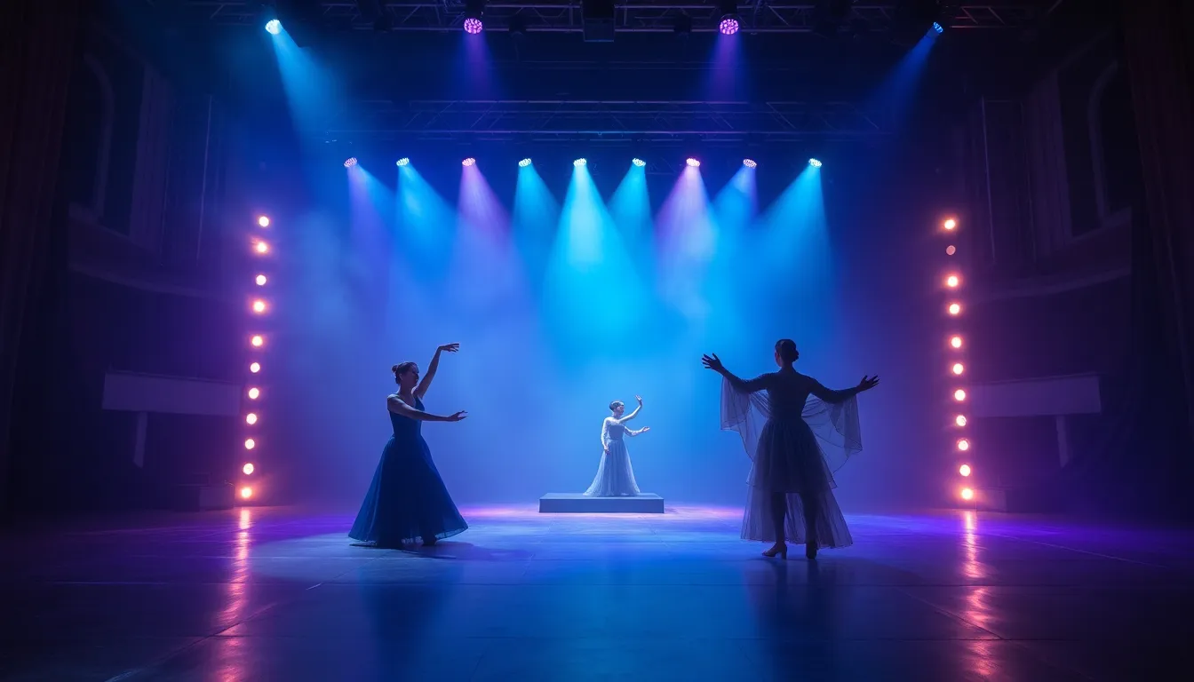 This captivating image showcases an ethereal performance on stage, illuminated by dramatic colored gels that create a dreamlike atmosphere. The hyperfocal distance ensures that both performers and the stage are in sharp focus, allowing viewers to appreciate the artistic details. Soft blues and purples in the color palette evoke a sense of wonder, while leading lines from the set design draw attention to the performers. The intricate textures of costumes and props enhance the scene's visual depth, making it ideal for theater promotions and artistic endeavors.