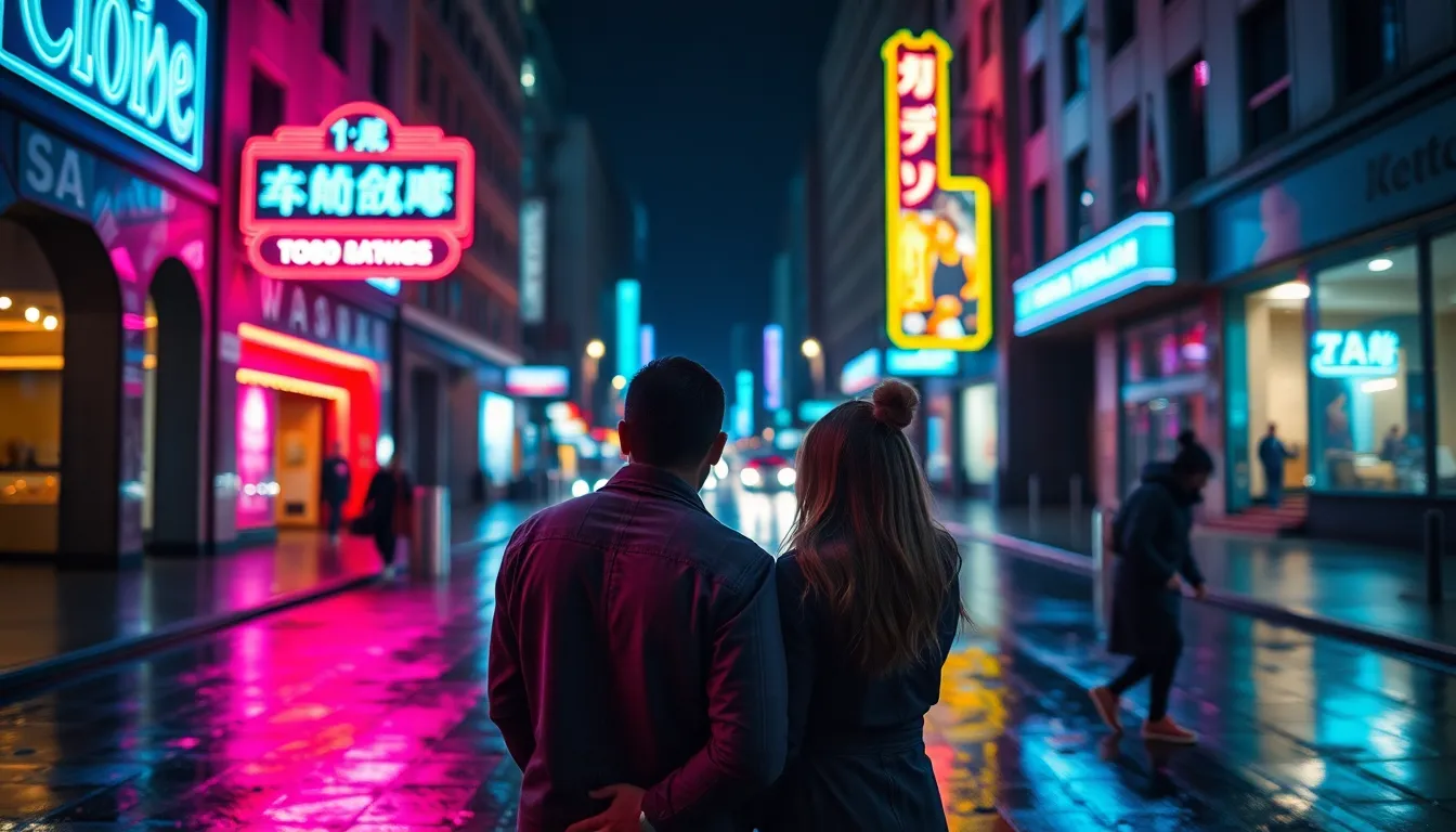 This lively image captures a couple standing on a rain-soaked city street at night, illuminated by vibrant neon signage. The soft bokeh effect enhances the intimacy of the scene as they gaze at a movie poster nearby. The rich teal and orange color grading complements the nightlife atmosphere, while reflections on the pavement add depth and texture. The composition beautifully frames the couple, making them the focal point of this cinematic moment.