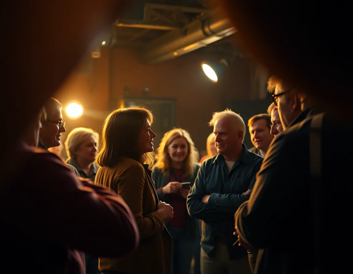 This engaging behind-the-scenes image showcases a film set bustling with crew members discussing the upcoming take. The warm tungsten lighting provides a cozy ambiance, enhancing the camaraderie among the team. A shallow depth of field keeps the focus on their animated expressions, while the background blurs into soft warmth. Rich textures of fabrics and equipment create a tactile richness that draws viewers in.