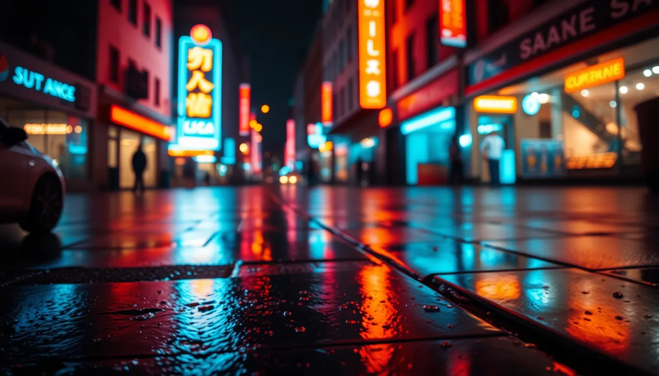 A dynamic cinematic shot of an urban nightlife scene captured under neon lights reflecting off wet pavement. The shallow depth of field isolates the subject while blurring the bustling background, creating a painterly effect. Enhanced by cinematic teal and orange color grading, the vibrant atmosphere embodies the energy of the city at night. The Dutch angle composition adds dramatic tension, while the details of raindrops emphasize the texture of the environment.