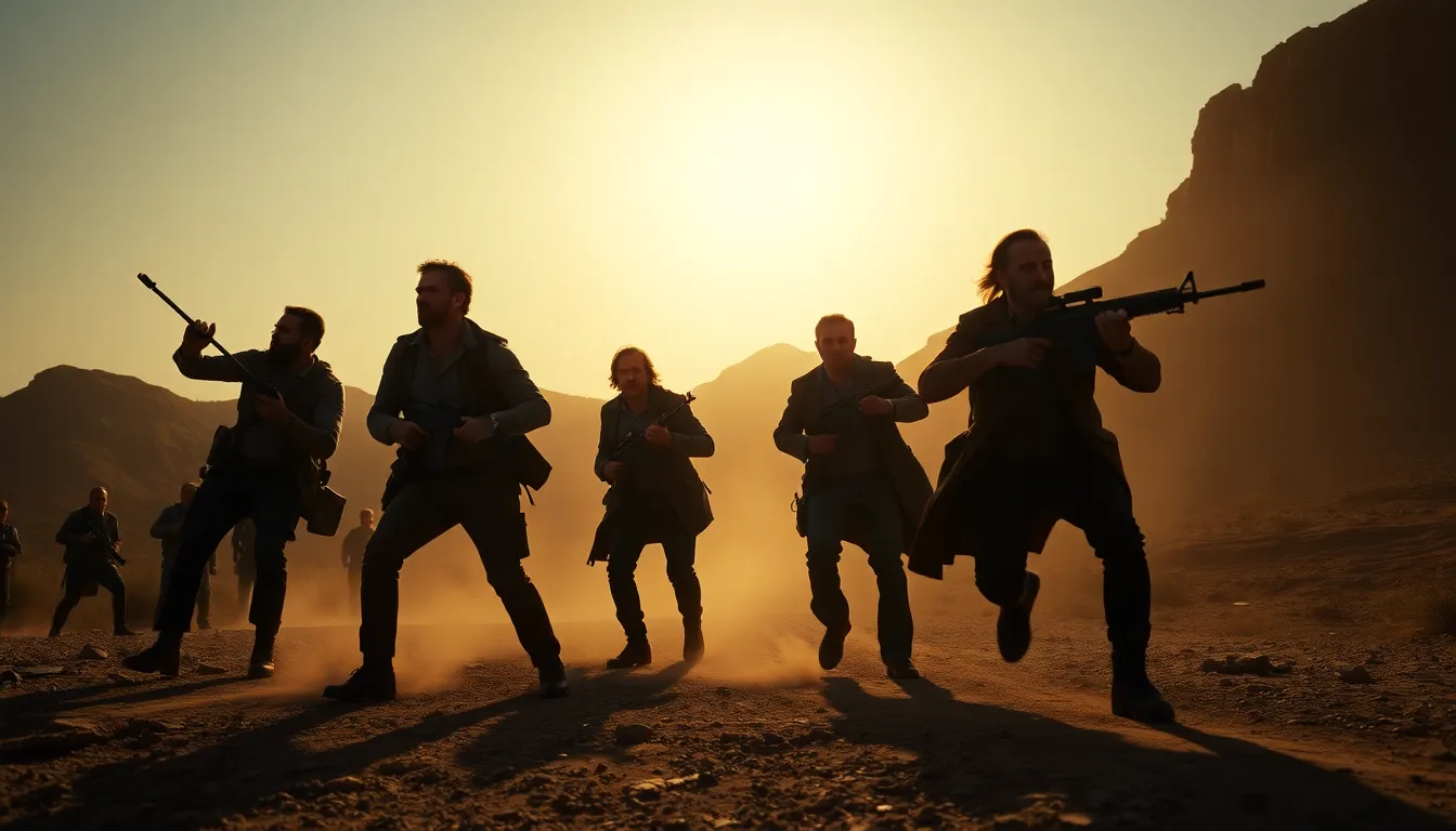 This high-intensity image captures a pivotal action scene from an outdoor movie, with actors poised in dynamic motion. The dramatic lighting casts high contrast shadows, adding depth to the gritty atmosphere. Natural muted tones enhance the realism, while a wide perspective captures the rugged landscape. The composition's dynamic angle immerses viewers in the thrilling moment, conveying a sense of urgency.