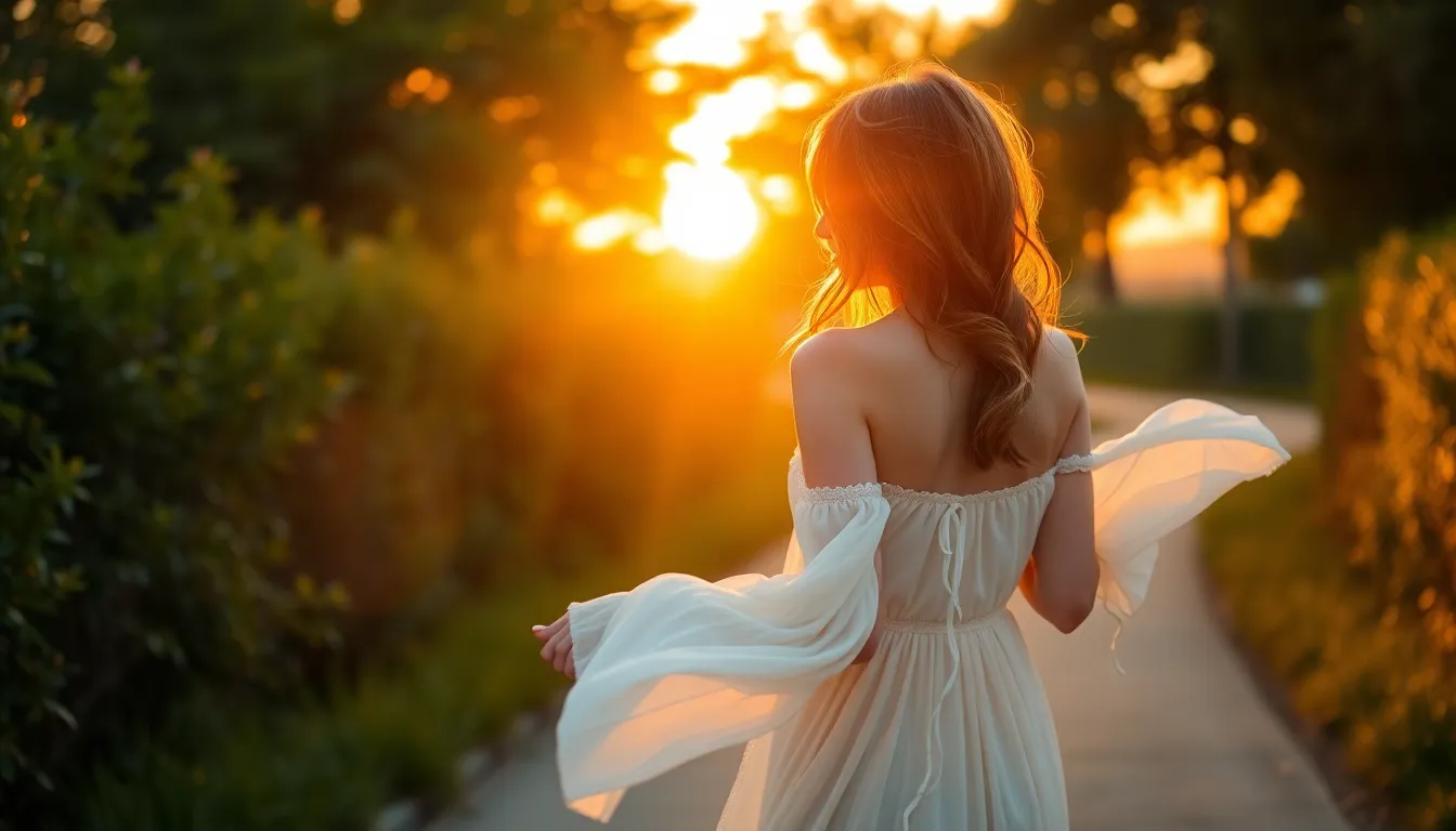Actress in Flowing Dress at Golden Hour