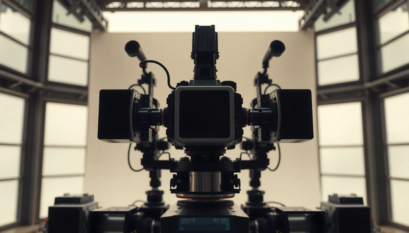 This captivating image reveals an intricate sci-fi movie set bathed in soft, diffused daylight from large studio windows. The overcast lighting creates a moody atmosphere, while the shallow depth of field isolates the set’s stunning design, emphasizing metallic and glass textures. The natural muted tones lend a cinematic quality, inviting viewers to imagine the world being created. The symmetrical composition highlights the meticulous attention to detail in the set design.