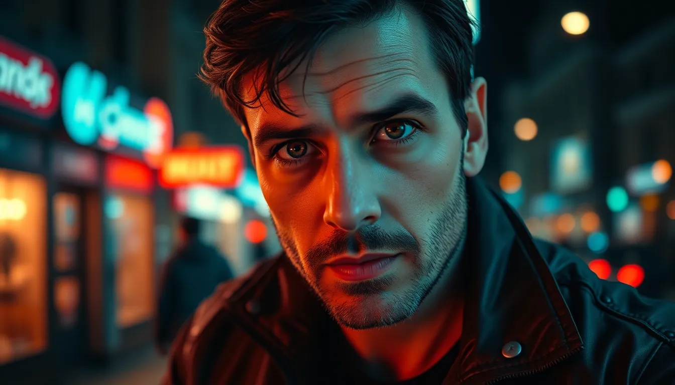 An intense portrait of an actor under dramatic overhead lighting, capturing their expressive eyes and leather jacket in a vibrant city nightlife setting. The shallow depth of field draws focus to the subject, with a cinematic teal and orange color grading enhancing the emotional impact. The use of the rule of thirds positions the actor dynamically within the frame, while details in the leather texture provide a tactile quality to the image.