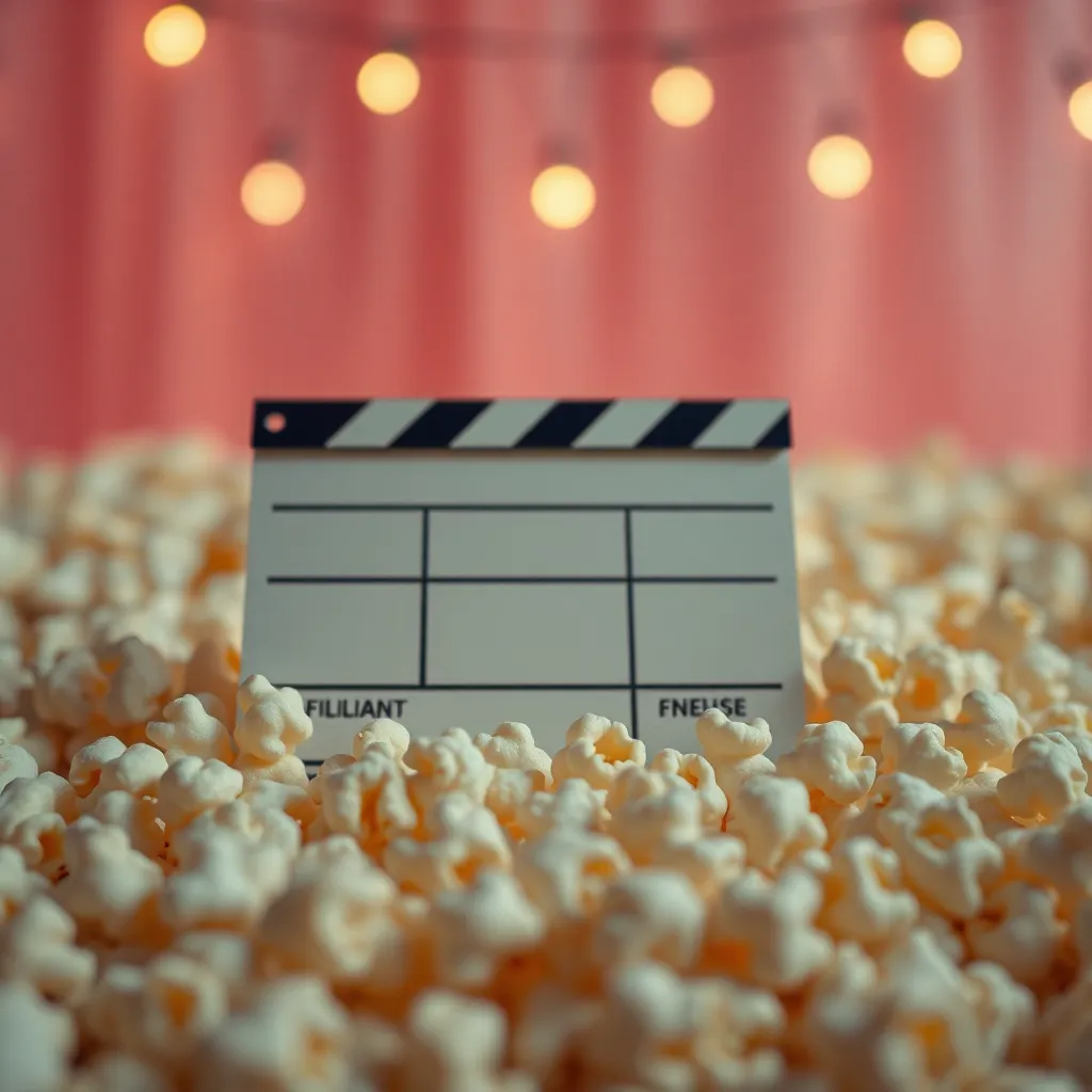 This close-up image captures a cinematic film slate, surrounded by a playful scattering of popcorn illuminated by soft string lights. The vibrant colors and nostalgic feel evoke the joy of movie-watching experiences. The sharp focus on the slate contrasts beautifully with the dreamy bokeh of popcorn, creating a visually appealing composition. Perfect for illustrating the essence of film production and cinema culture.