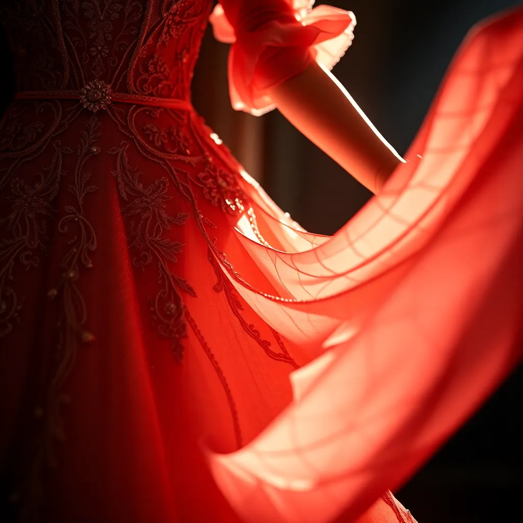 Intricate Movie Costume Display A close-up of a beautifully crafted movie costume, showcasing its intricate details and rich textures. The high-contrast lighting illuminates the vibrant colors, enhancing the luxurious fabrics and embellishments. Leading lines draw the viewer's eye along the dress's flowing design, creating a dynamic and engaging composition. This image captures the artistry and creativity behind costume design in film.