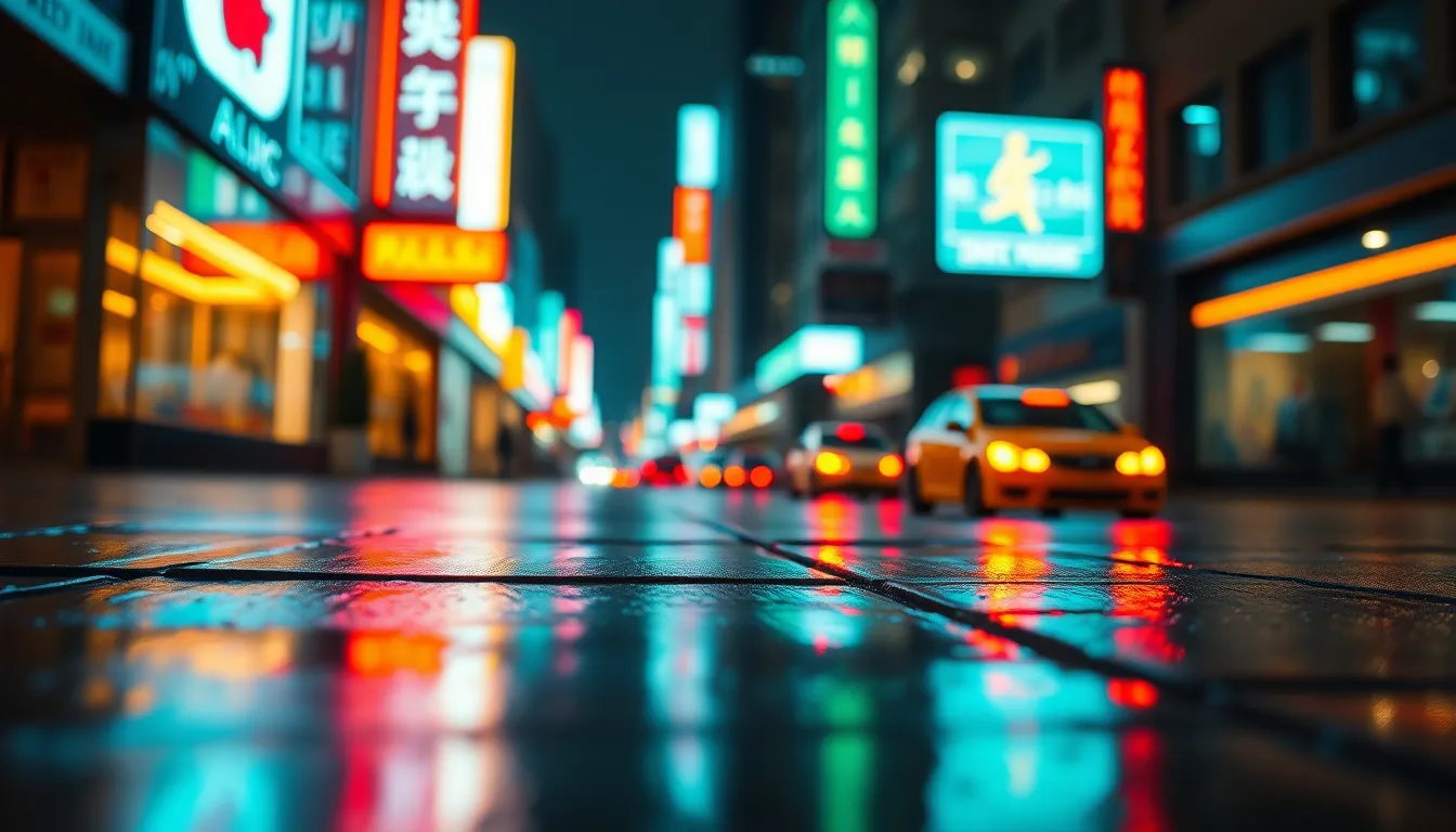 An electrifying urban night scene captured with vibrant neon signage reflecting off a slick, wet pavement. The shallow depth of field creates an enchanting bokeh effect, while the cinematic teal and orange color grading heightens the ambiance. The use of a Dutch angle adds a sense of dynamic tension to the composition, and the glossy textures of the pavement enhance the overall mood of this lively city setting.