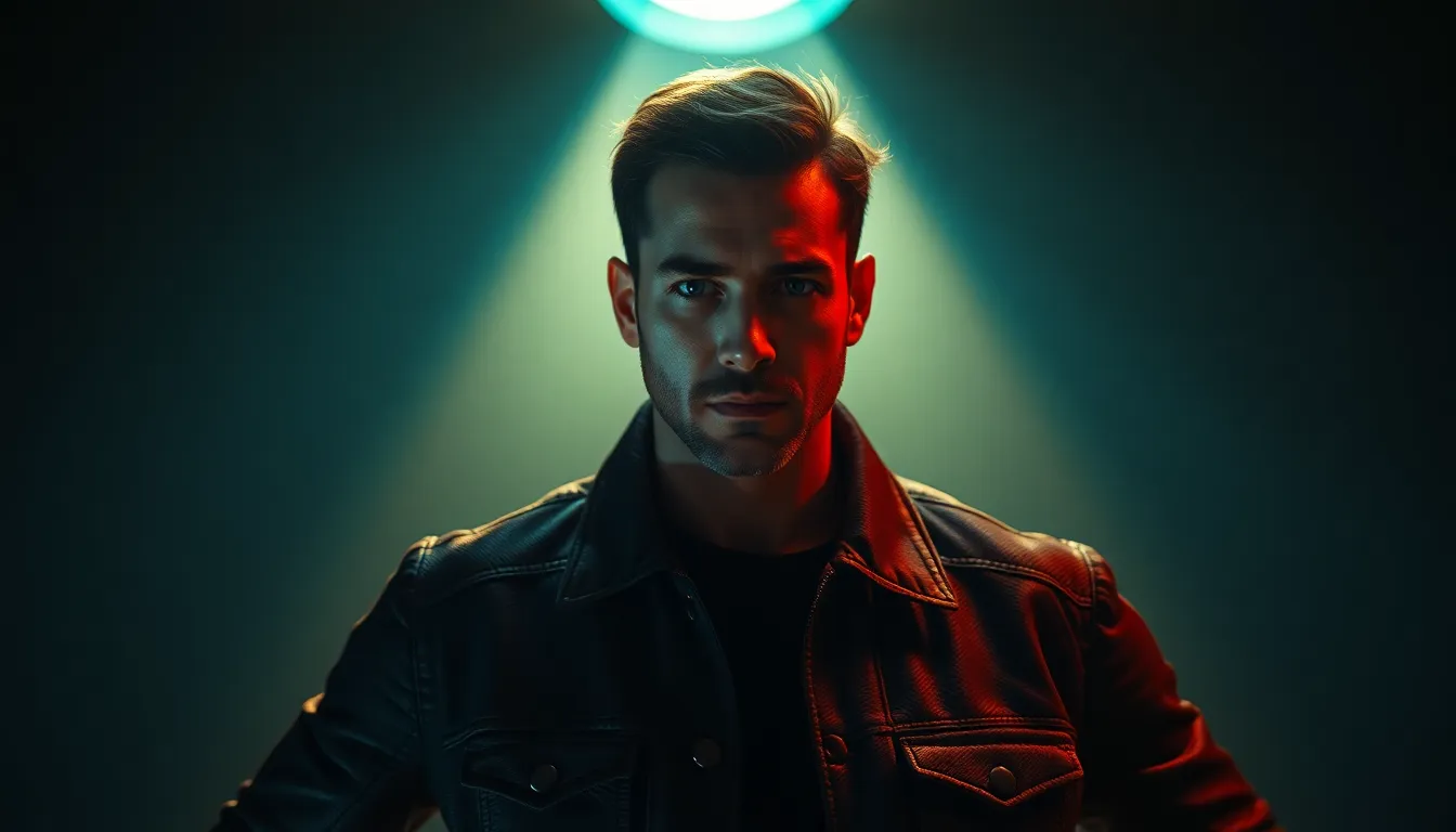 Heroic Movie Character Portrait A striking portrait of a movie character captured in dramatic lighting, showcasing their intense gaze and heroic pose. The deep teal and orange tones create a cinematic feel, highlighting the details of their leather jacket and natural skin texture. The shallow depth of field adds to the focus on the character's expression, set against a simple dark background that enhances the mood of the image.