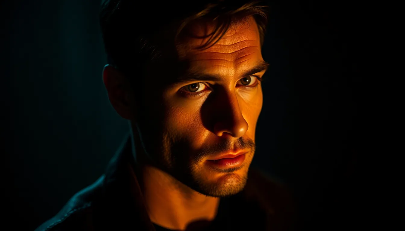 A striking portrait of an actor in a distressed leather jacket, captured in a dramatic film noir style. The chiaroscuro lighting creates an intense mood, highlighting the actor's facial features against a shadowy backdrop. The cinematic teal and orange color grading adds depth, while the shallow depth of field ensures the background melts into a soft blur. The composition adheres to the rule of thirds, drawing the viewer's eye to the subject's expressive gaze.