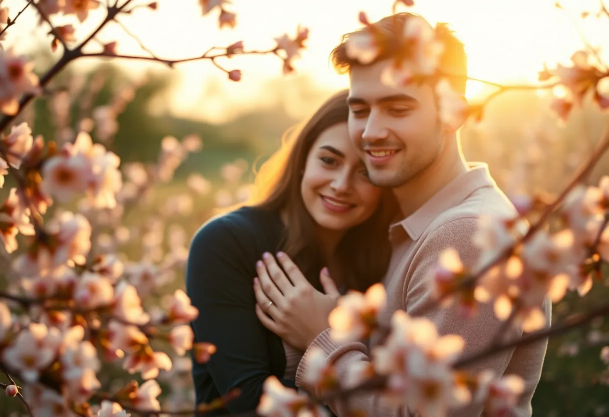 This poignant image depicts a romantic moment between two characters in a movie, captured during the golden hour. The soft, warm light casts a magical glow, accentuating their intimate expressions of love. Framed by blooming flowers, the couple's embrace is both tender and cinematic. The textures of their clothing and the delicate blooms create an immersive experience, making it a perfect illustration of love in film.