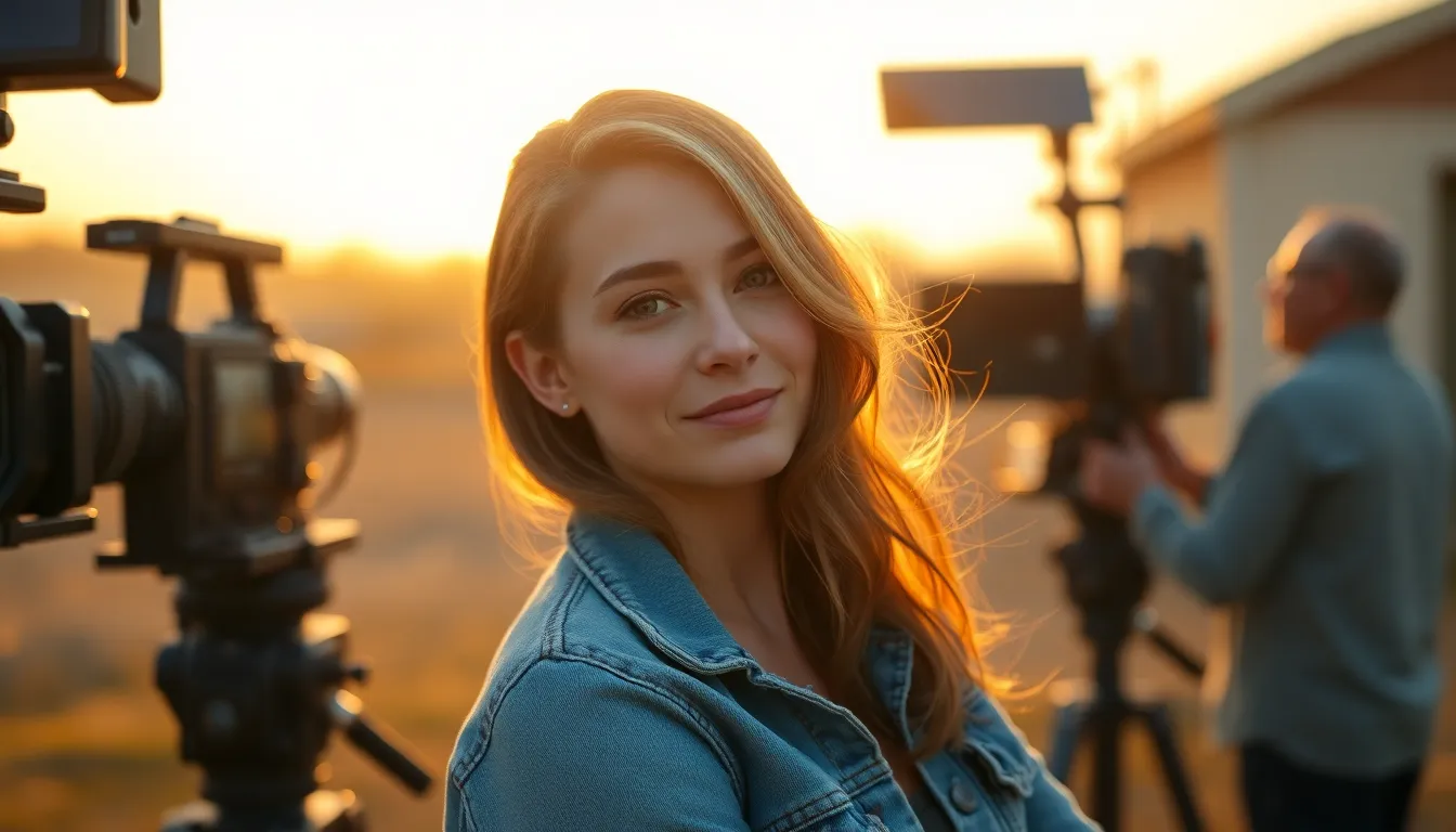 In this vivid image, a female film director stands confidently on set during the golden hour, surrounded by film equipment. Backlighting creates a warm halo effect that complements her warmth and focus. The use of a Kodak Portra 400 color palette ensures rich skin tones, enhancing the overall cinematic quality. The composition employs leading lines that draw the viewer’s attention, capturing intricate details in her denim jacket and the sunlight reflecting off her hair.