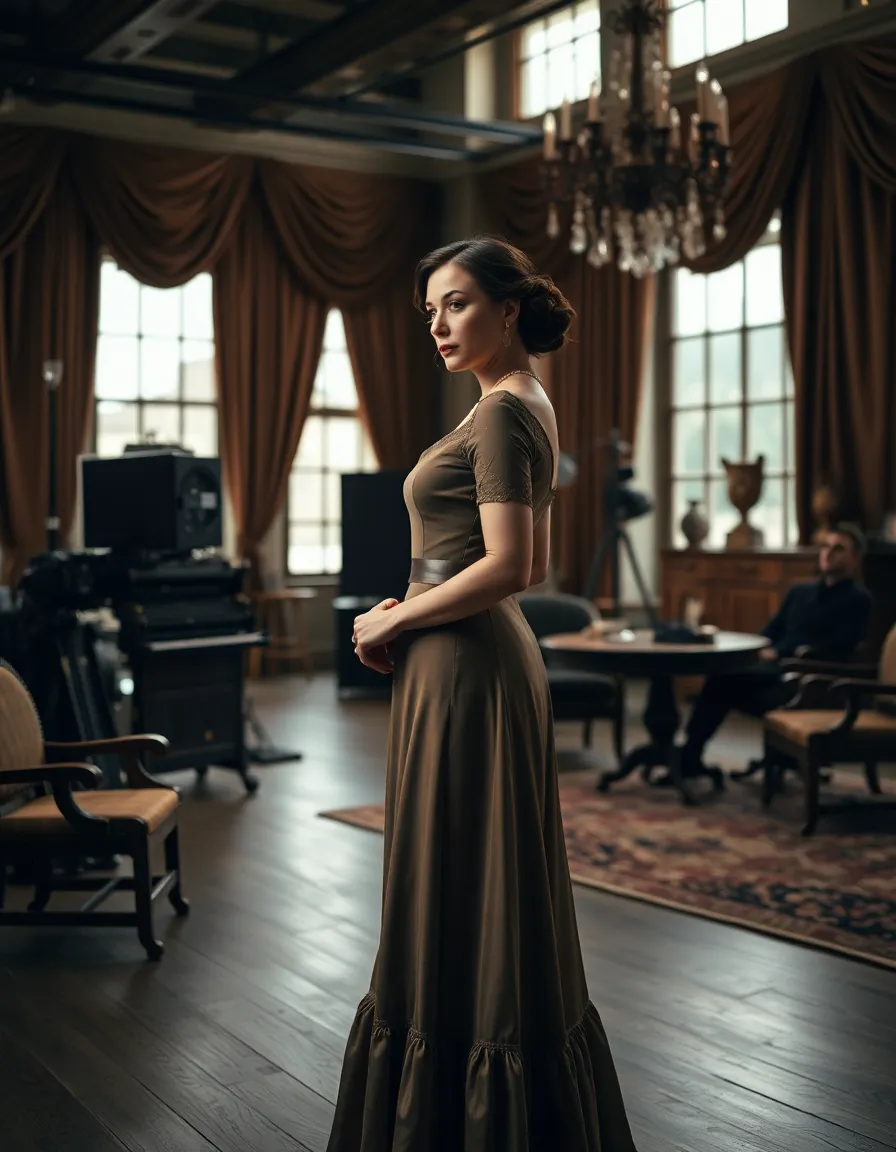The image features an actress gracefully poised in a vintage dress within an opulent film studio. Diffused daylight gently illuminates her surroundings, bringing out the rich textures of the plush fabrics and antique props. The muted color palette adds to the nostalgic atmosphere, while the actress's confident expression evokes a timeless elegance, capturing the essence of classic cinema.