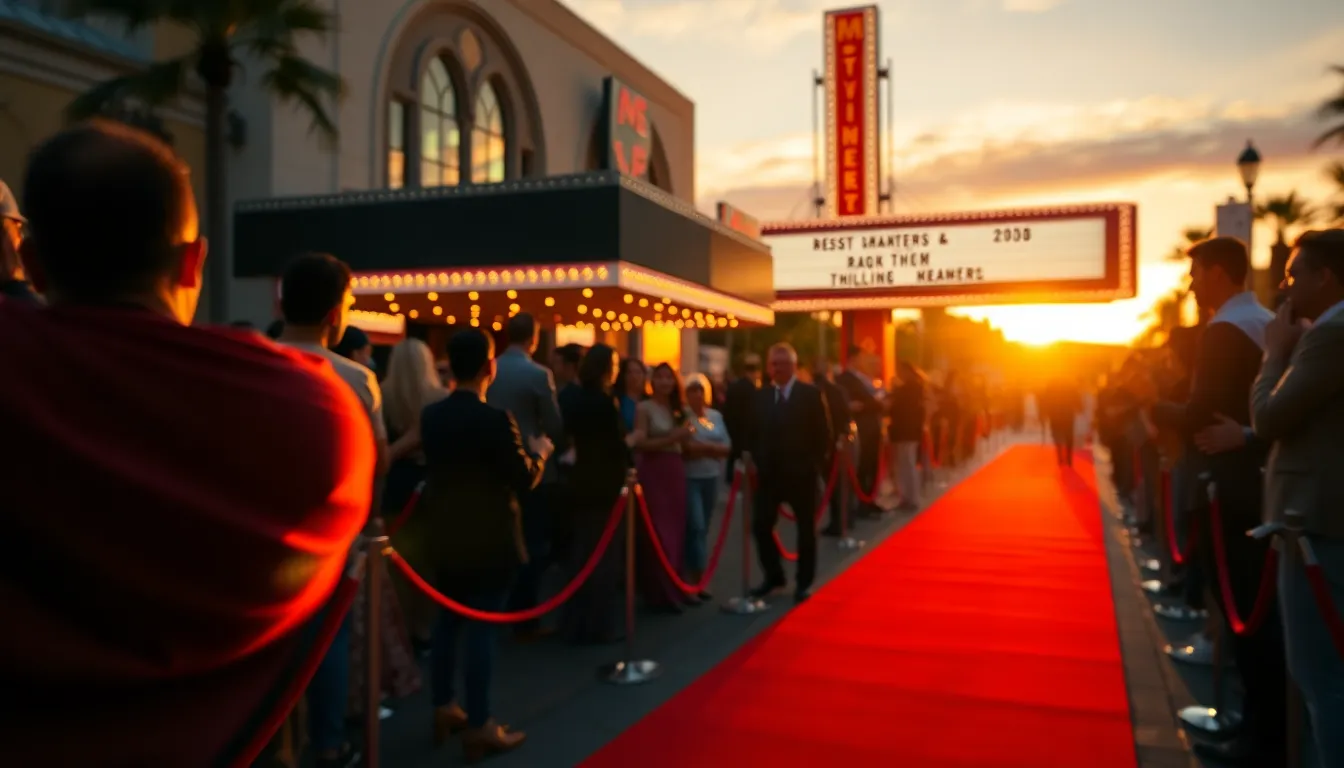 This vibrant image depicts a lively outdoor movie premiere scene at sunset, with a red carpet leading through an excited crowd. The warm golden hour light bathes the event, highlighting the diverse attendees in stylish evening wear. A marquee sign glows brightly, adding to the cinematic atmosphere. The composition expertly uses leading lines to draw attention to the entrance, while texture details enhance the richness of the scene.