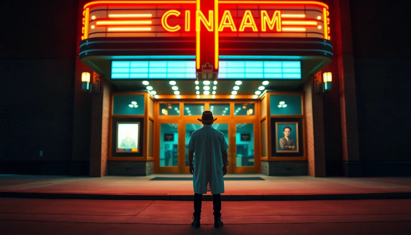 A solitary figure in vintage movie attire stands dramatically in front of a classic cinema adorned with neon lights. The vibrant teal and orange color grading infuses a sense of nostalgia. Shallow depth of field isolates the character amidst the bustling surroundings, while leading lines draw the eye towards the inviting cinema entrance. The textured brick facade adds depth to the composition.