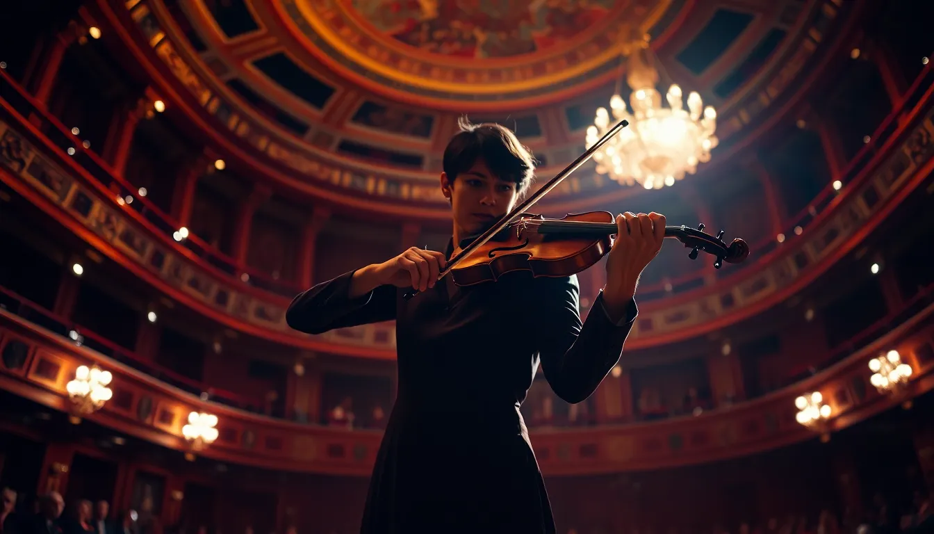 Classical Violinist in Grand Concert Hall This stunning image portrays a classical violinist poised to perform in an opulent concert hall. The dramatic stage lighting enhances the richness of the scene, casting bold contrasts that highlight the musician and their instrument. The deep reds and golds of the surroundings evoke a sense of luxury and refinement. The symmetrical composition underscores the grandiosity of the setting, drawing viewers into the world of classical music.