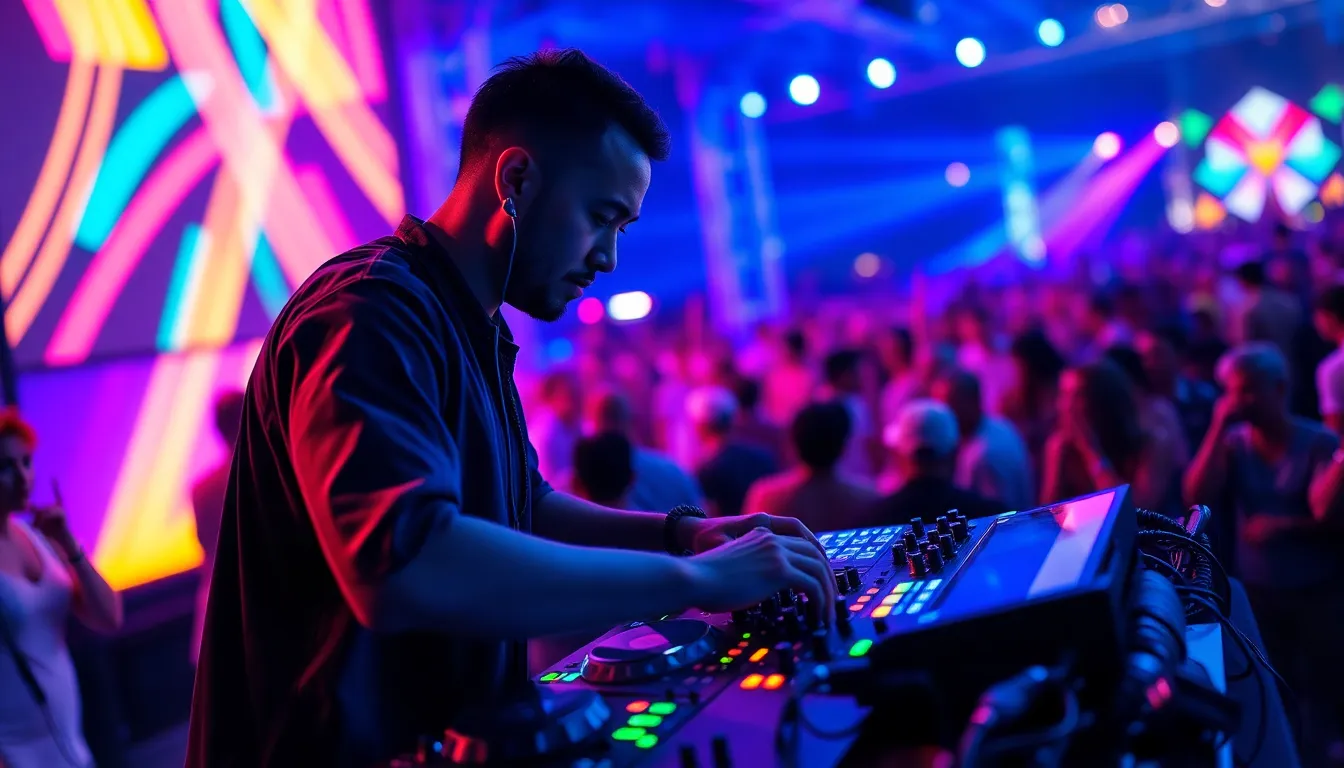 DJ Mixing at Outdoor Music Festival This electrifying image captures a DJ immersed in his craft at a lively outdoor music festival. Colorful stage lights cast vibrant reflections on his equipment, enhancing the dynamic energy of the scene. The blurred dancing crowd creates a sense of movement and excitement, while the vivid color palette draws the viewer into the festival spirit. The DJ's intense focus amidst the lively atmosphere encapsulates the thrill of live music.