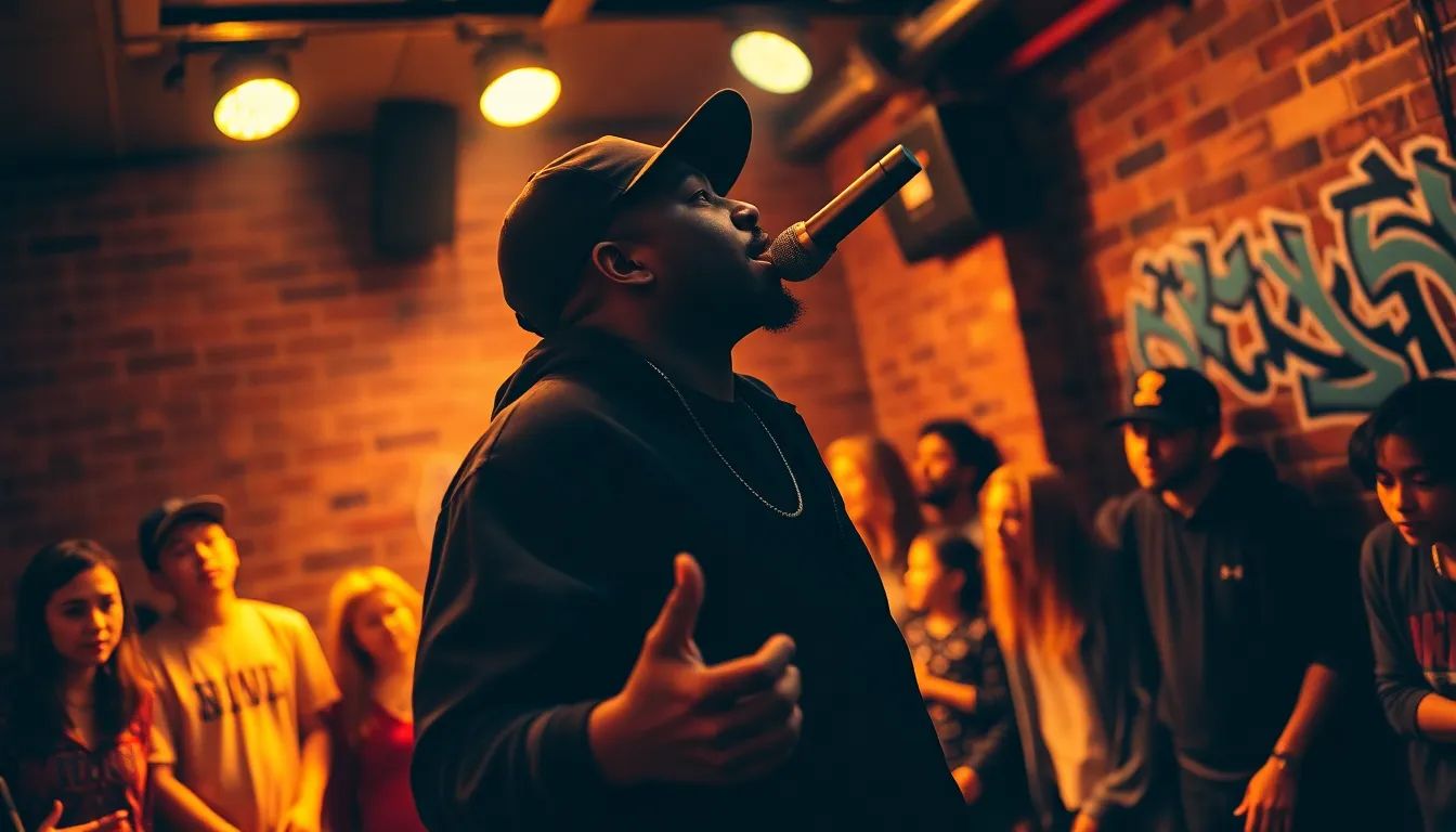 Hip-Hop Artist at Underground Venue This dynamic image features a hip-hop artist energetically performing at a small underground venue. The warm stage lights illuminate the artist against a backdrop of textured brick walls, creating an intimate and gritty atmosphere. The vibrant graffiti colors reflected in the lighting add to the urban feel of the performance. The artist's passionate expression and the crowd's eager energy are captured with a creative Dutch angle that enhances the scene's intensity.