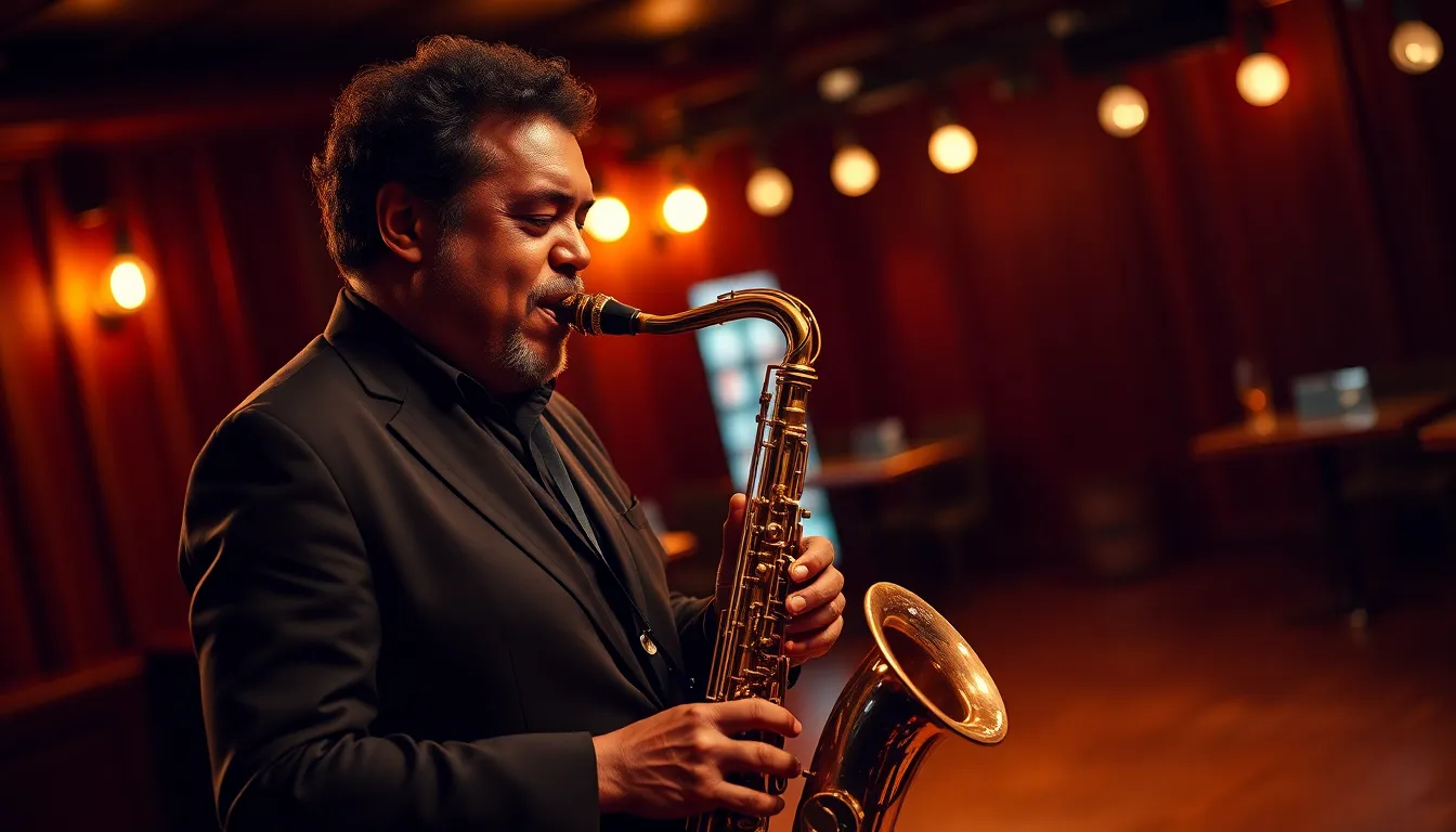 Jazz Musician Playing Saxophone on Stage This evocative image captures a jazz musician in the moment, beautifully illuminated by warm tungsten lighting. The saxophonist's emotional expression and the intricate details of the instrument are highlighted against a softly blurred background. The rich color palette of golds and browns adds depth, transporting viewers to a cozy, atmospheric jazz club. The wooden stage floor reflects the ambient light, enhancing the scene's warmth and texture.