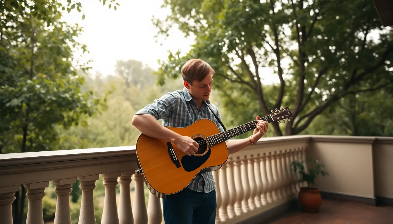 Acoustic Guitarist on Sunlit Terrace This tranquil image features an acoustic guitarist performing on a charming sunlit terrace. Soft, diffused daylight filters through the leafy canopy, creating a peaceful ambiance. The natural earth tones accentuate the setting, enhancing the connection to nature. The guitarist's focused expression and the surrounding greenery are both in sharp detail, drawing viewers into the moment. The innovative use of leading lines emphasizes the terrace's design and enhances the overall composition.