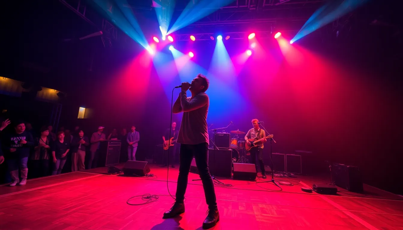 Dynamic Live Music Performance An electrifying scene of a band performing live on stage, illuminated by vibrant multicolored lights. The lead singer captivates the audience with an expressive pose, while the crowd sways in a soft bokeh background. Warm reds and cool blues create a lively atmosphere, and the textured wooden stage enhances the scene's authenticity. This image captures the essence of live entertainment and the powerful connection between performers and their audience.